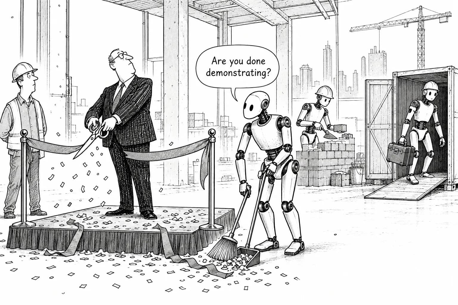 Editorial cartoon: Humanoid robots are starting to become real tools for the job: a look at Shimizu's construction robot learning platform and Astribot's $18,000 ready-to-ship machine