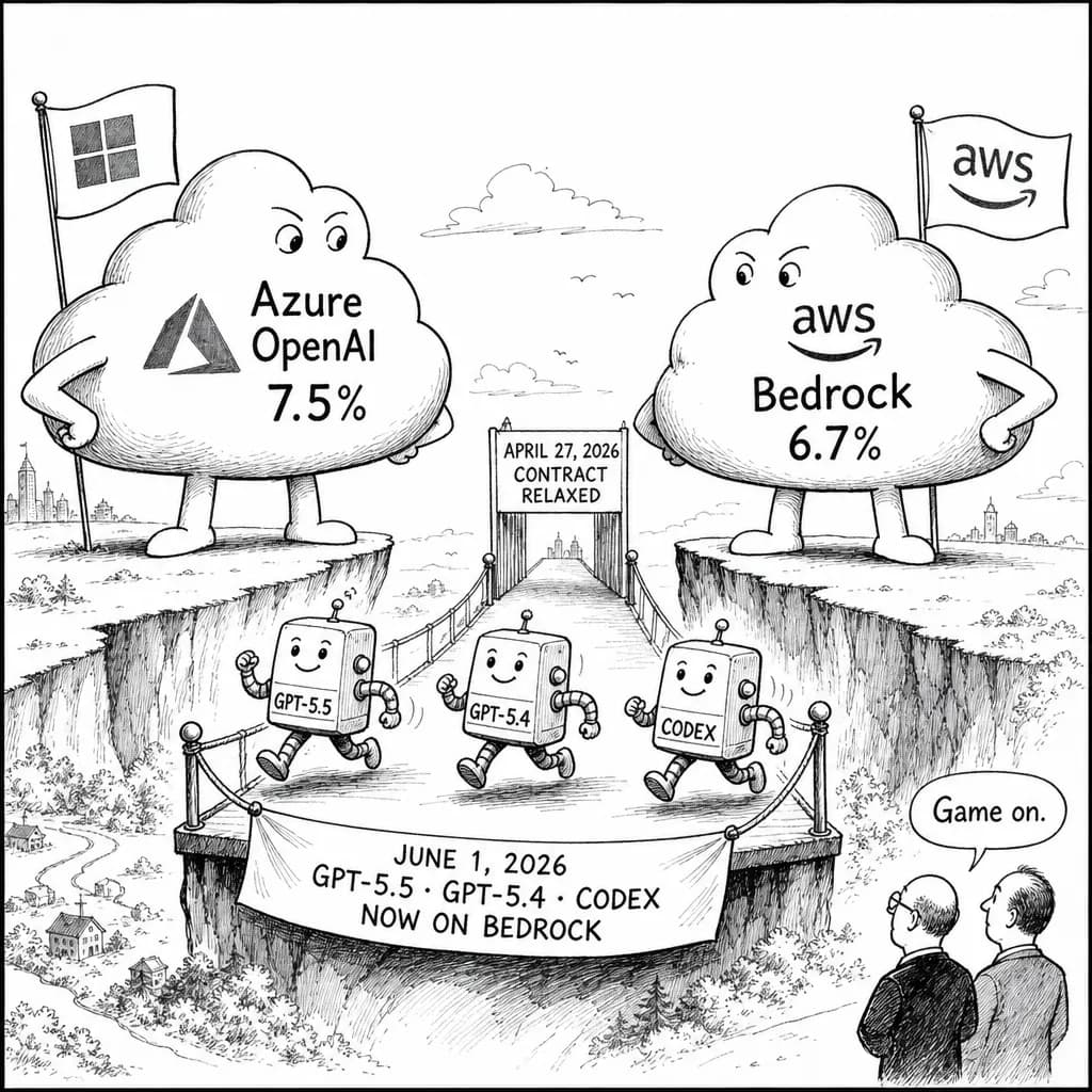 風刺画: Azure OpenAI首位7.5%・Bedrock6.7%が拮抗——4月27日の契約緩和で6月にGPT-5.5がBedrock解禁