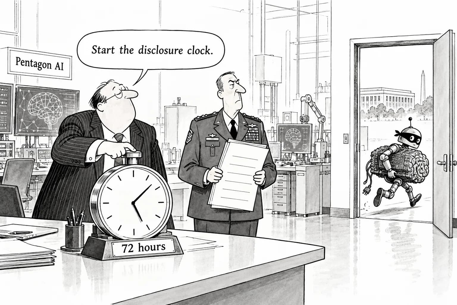 Editorial cartoon: Senators Banks and Gillibrand reportedly introduce bill requiring Pentagon AI contractors to report incidents, with model theft due within 72 hours