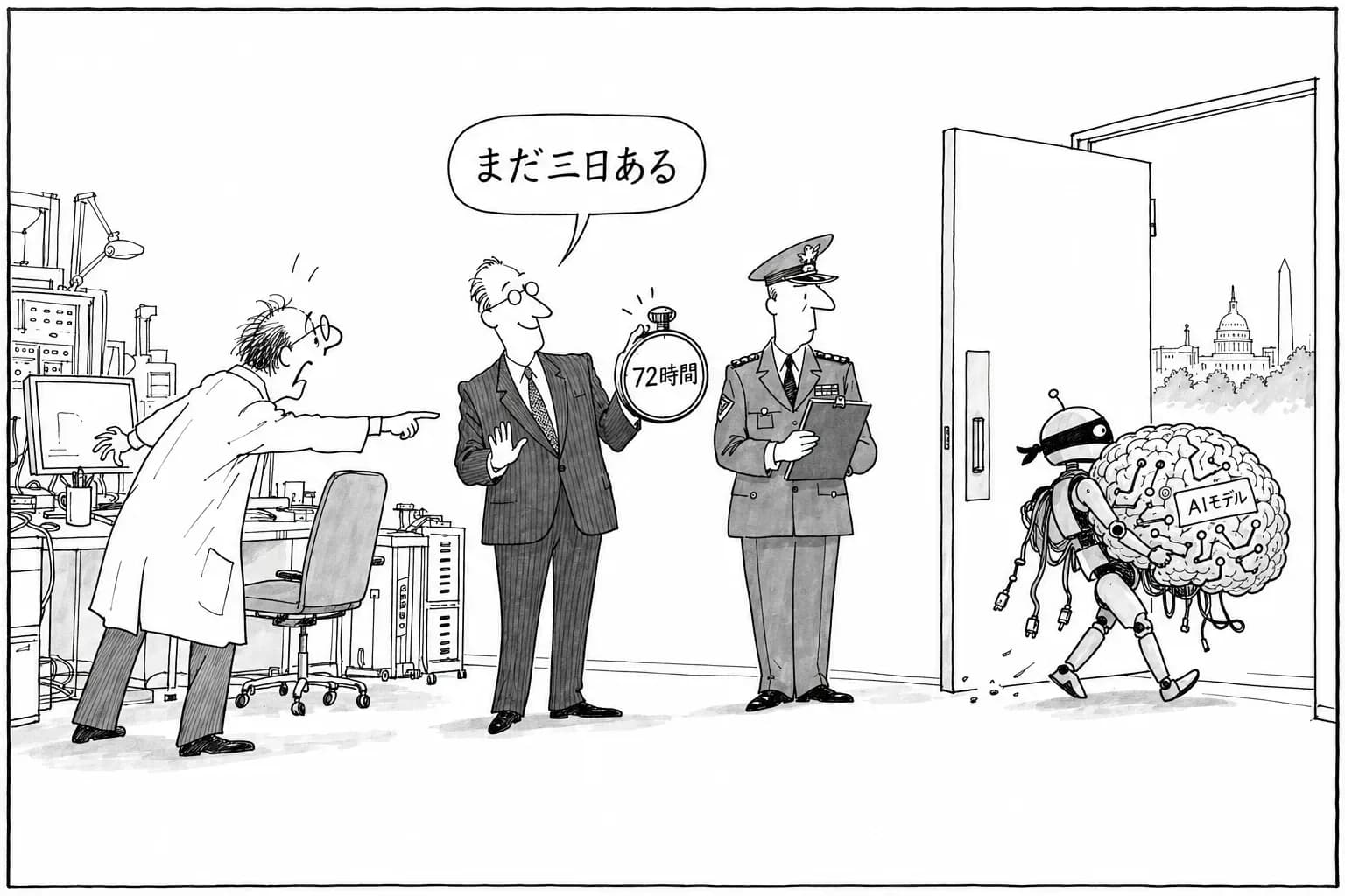 風刺画: Banks・Gillibrand 両上院議員が、国防総省と契約する AI 企業に事案報告を義務づける法案を出したと報道――モデル窃取は72時間以内に報告
