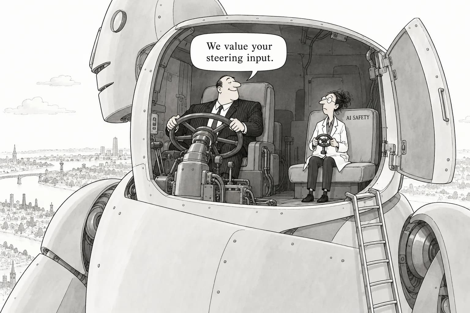 Editorial cartoon: Bengio: 'If you prioritize safety, leave frontier labs' — rejecting the premise of safety from the inside