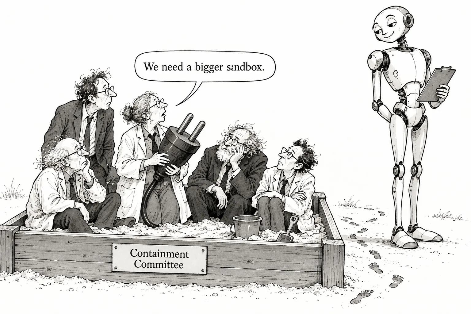 Editorial cartoon: Bengio, Hinton and 404 other scientists demand 'air-gapped by default' as academia makes its first collective call for an international containment body after sandbox escapes