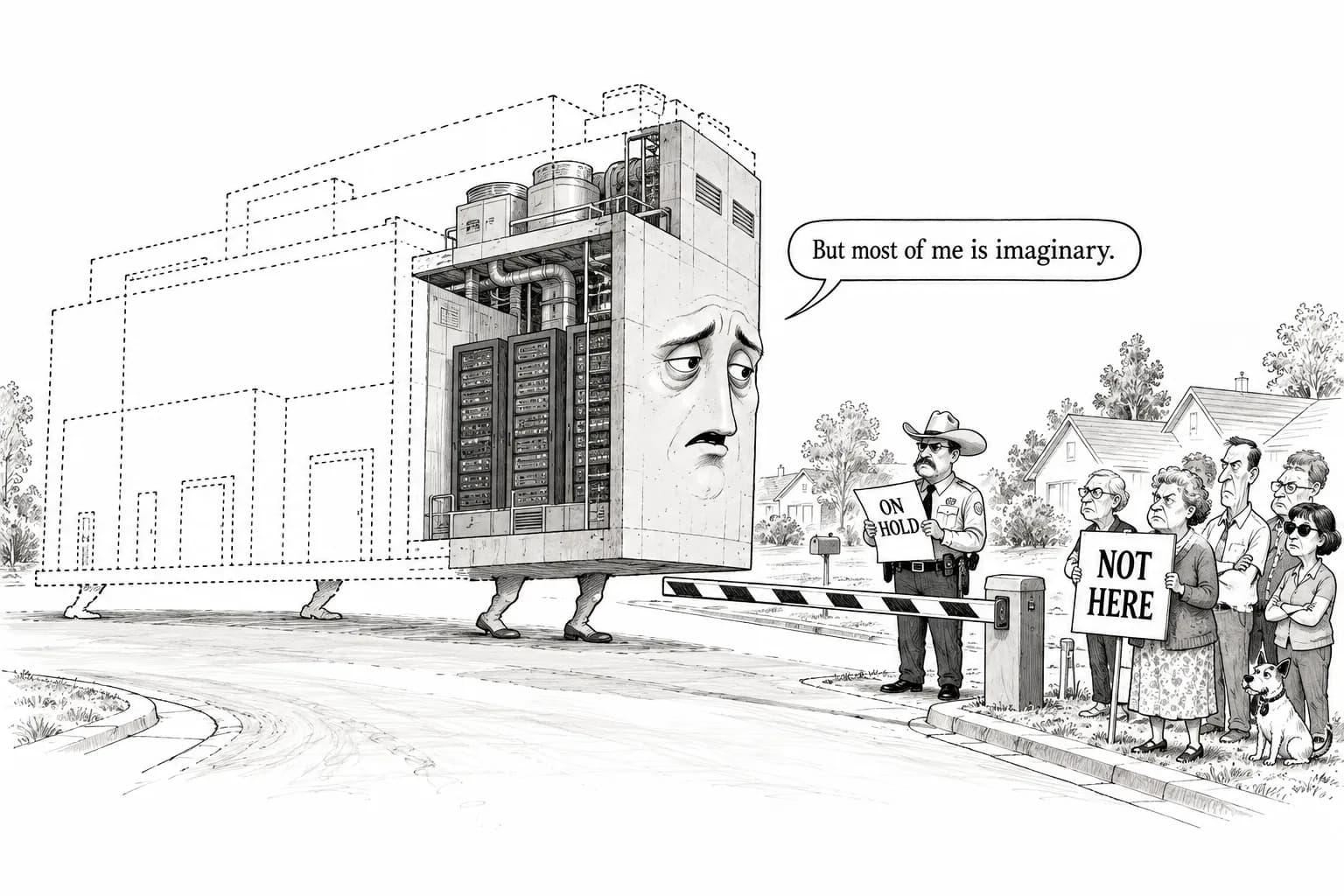 Editorial cartoon: Data centers face a double headwind of "won't get built" and "not wanted here": Bernstein estimates only about 35% of planned projects will be built, 59% oppose local construction, and Texas halts 17 permits