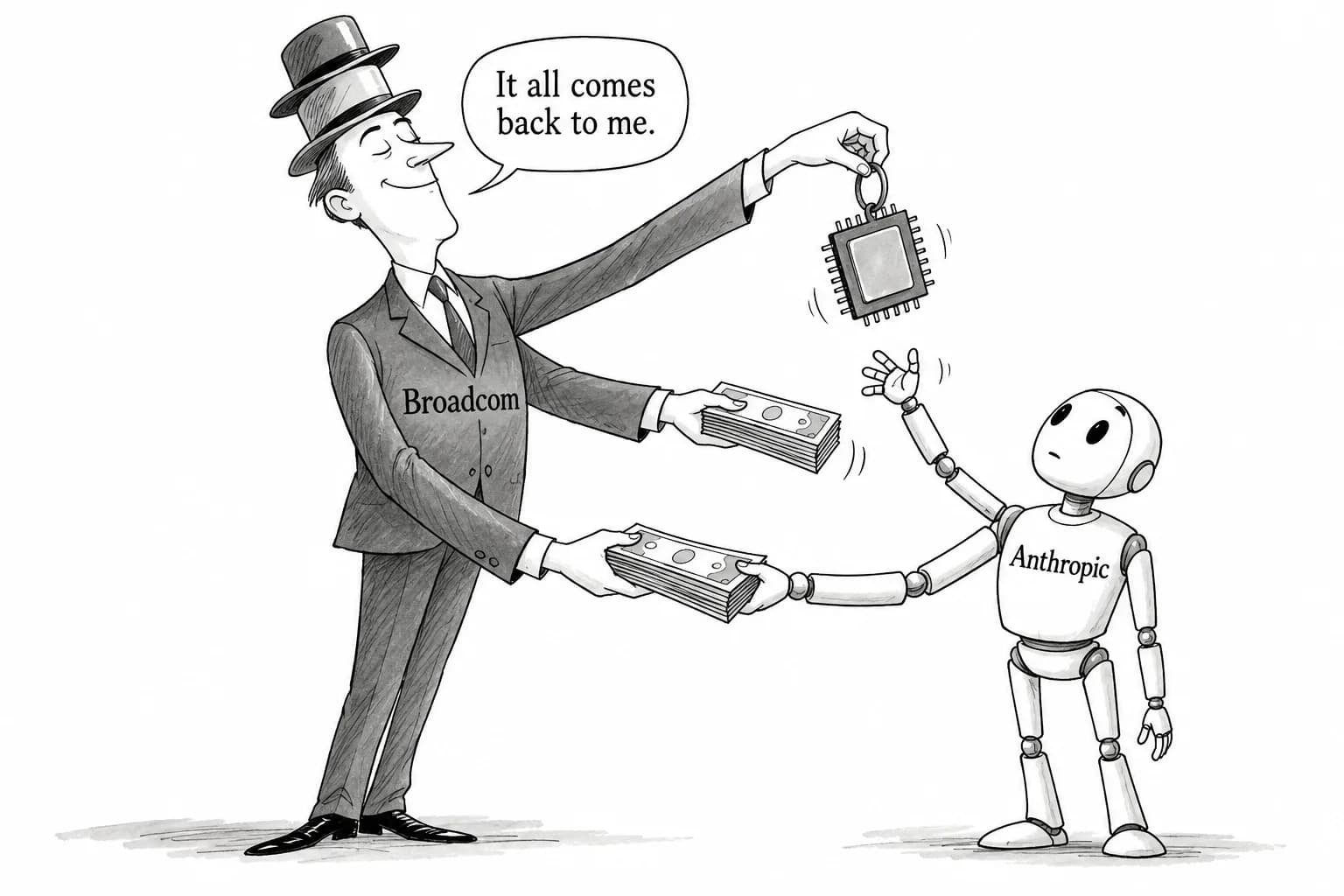 Editorial cartoon: Broadcom to lend Anthropic up to $42 billion, report says, as chip supplier doubles as lender and lessor in a circular flow of money