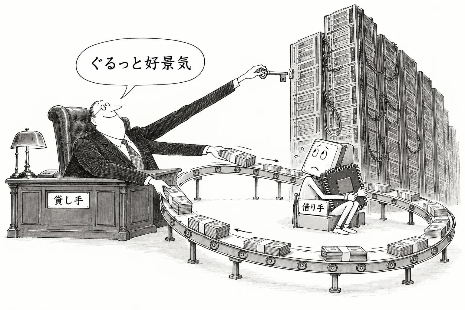 風刺画: Broadcom、Anthropic に最大420億ドルを貸すと報道——供給元・貸し手・リース元を兼ねる循環的な資金の流れ