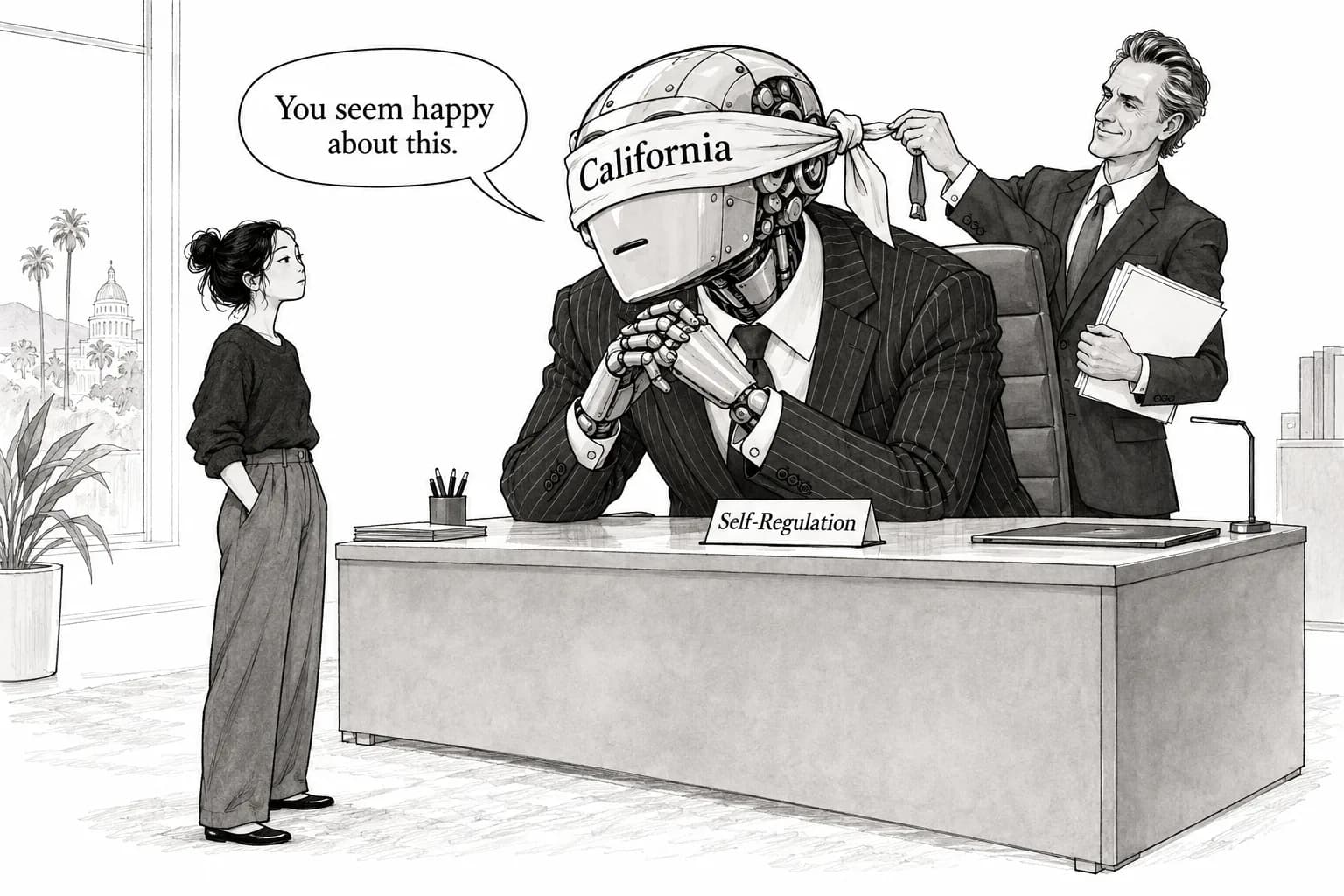 Editorial cartoon: California signs a slate of AI bills, moving ahead of federal self-regulation with No Robo Bosses Act and a workplace emotion-recognition ban