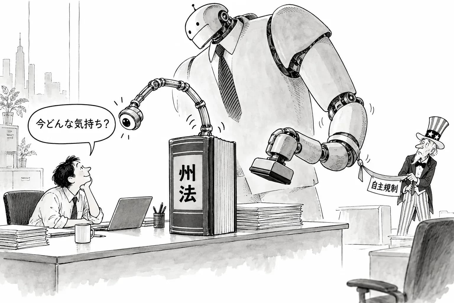 風刺画: California、AI 法案を一挙に署名——No Robo Bosses 法と職場の感情推定の禁止で、州が連邦の自主規制より先へ