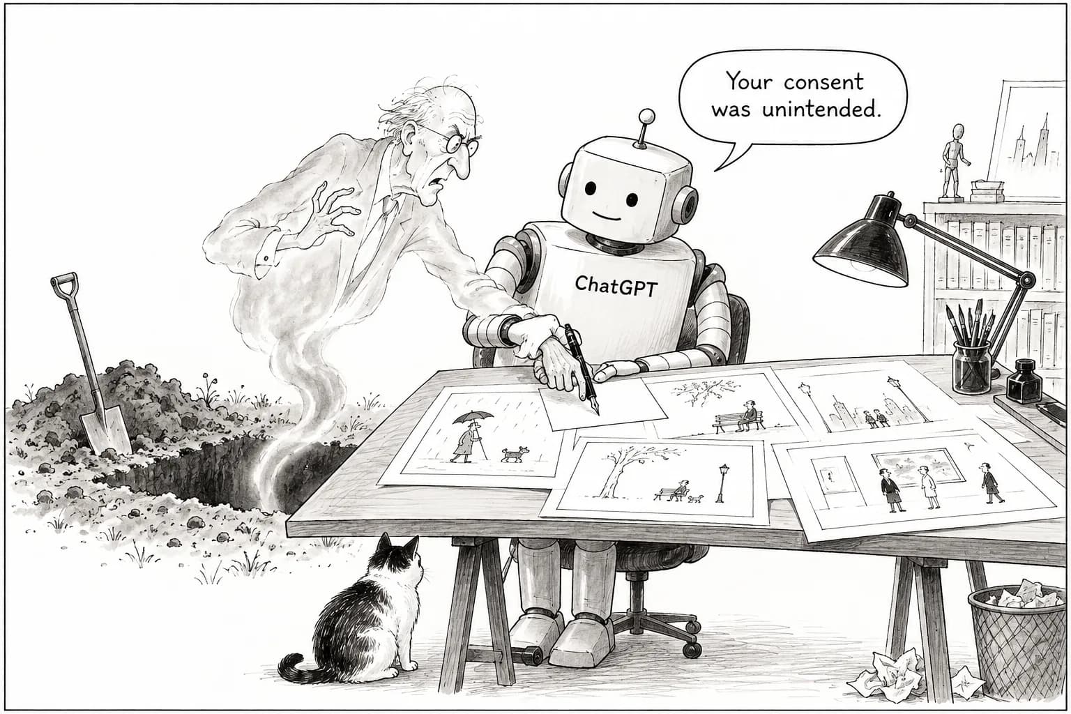 Editorial cartoon: ChatGPT forged the signatures of more than 15 real cartoonists on fake New Yorker cartoons, and people started asking one artist whether he drew them