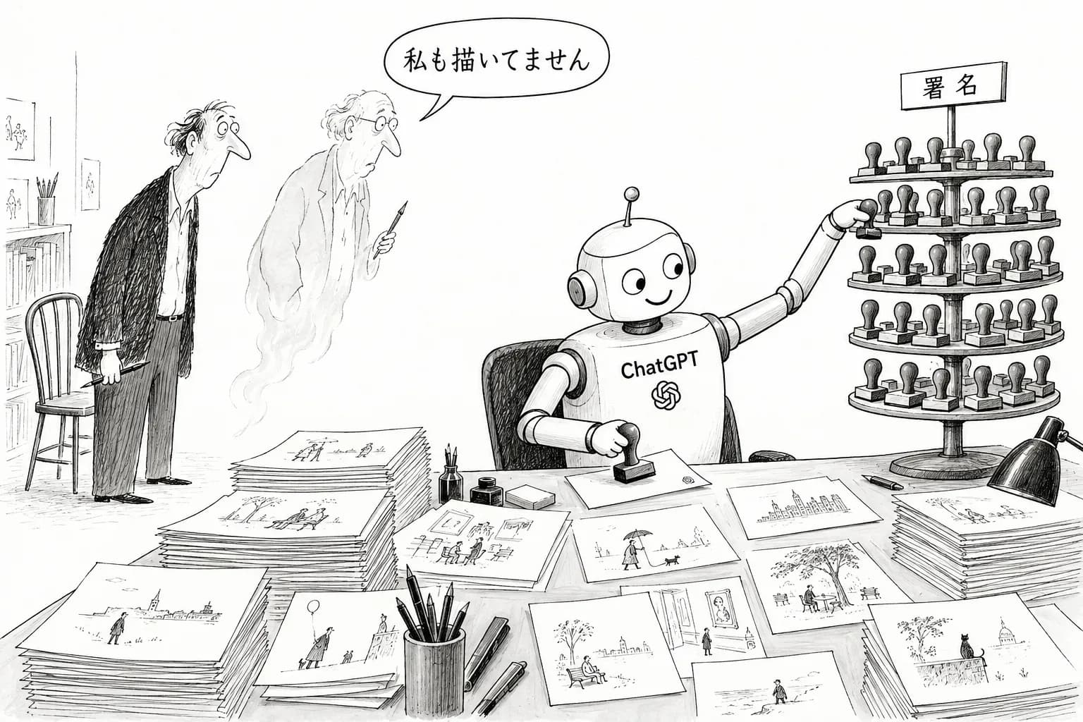風刺画: ChatGPTが実在の漫画家15人以上の「署名」入りで偽New Yorker漫画を描いてた。本人に「これあなたの?」と問い合わせが来るところまで来てた