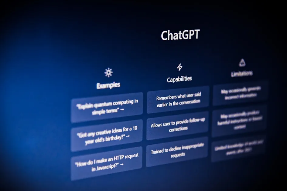 The ChatGPT interface showing examples, capabilities, and limitations on a dark blue screen