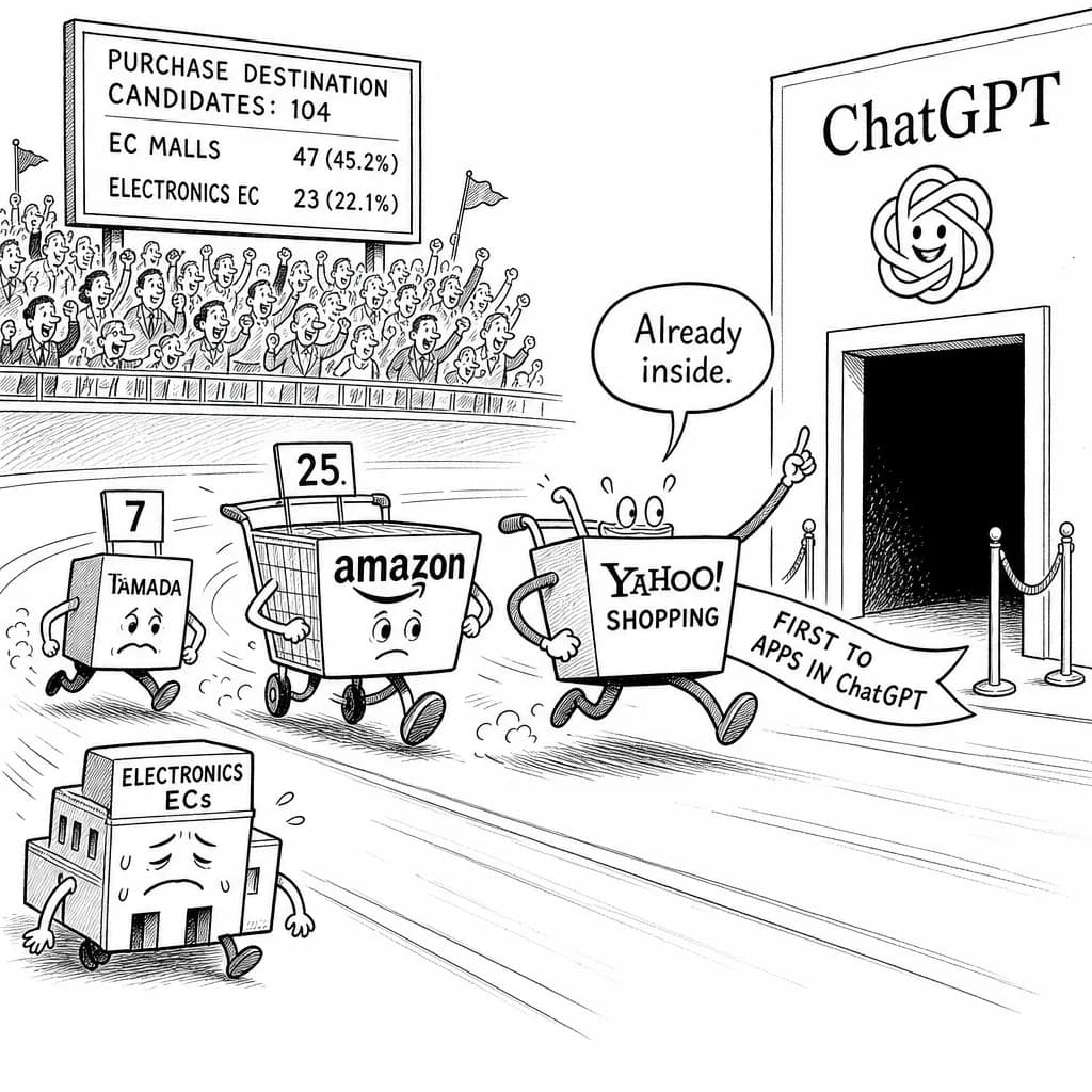 風刺画: ChatGPT購入先候補、家電量販店系ECは22.1%どまり——Amazon25件・ヤマダ7件、Yahoo!ショッピングは先行対応で対抗