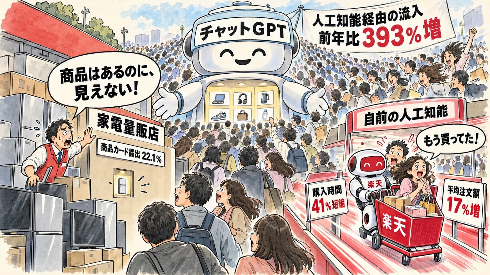 風刺画: ChatGPTショッピングがEC購買体験を再定義——楽天は購入時間41%短縮、家電量販店の商品カード露出はわずか22%