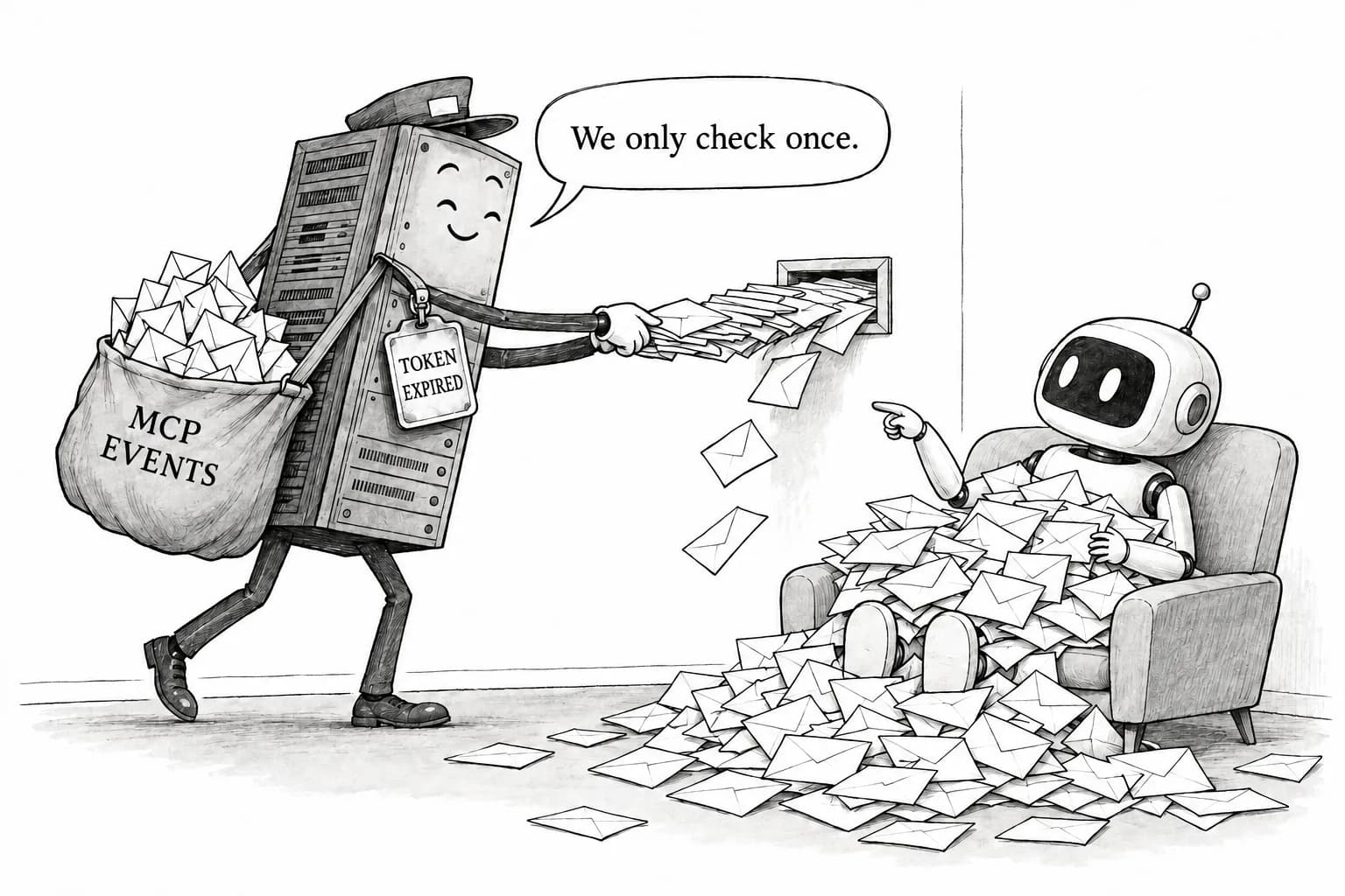 Editorial cartoon: ChatGPT adds MCP Events support so servers can push updates by webhook, but the draft spec never says when to recheck subscription permissions