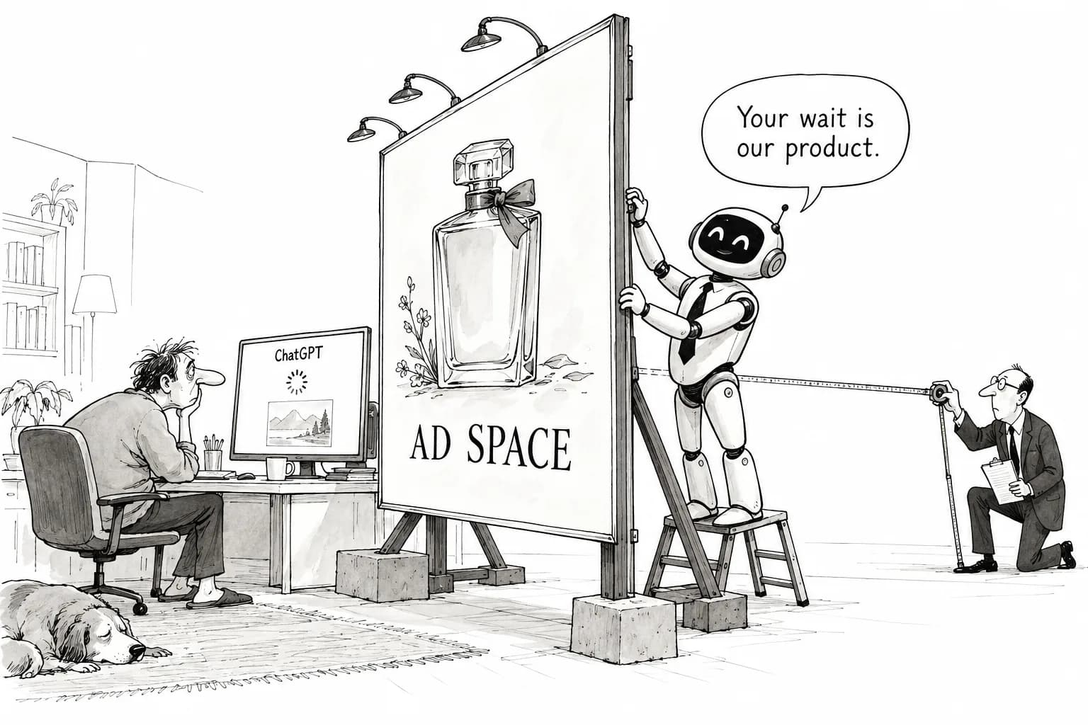 Editorial cartoon: ChatGPT shows ads while images generate as OpenAI expands third-party measurement, turning 1.2 billion weekly users into an ad audience