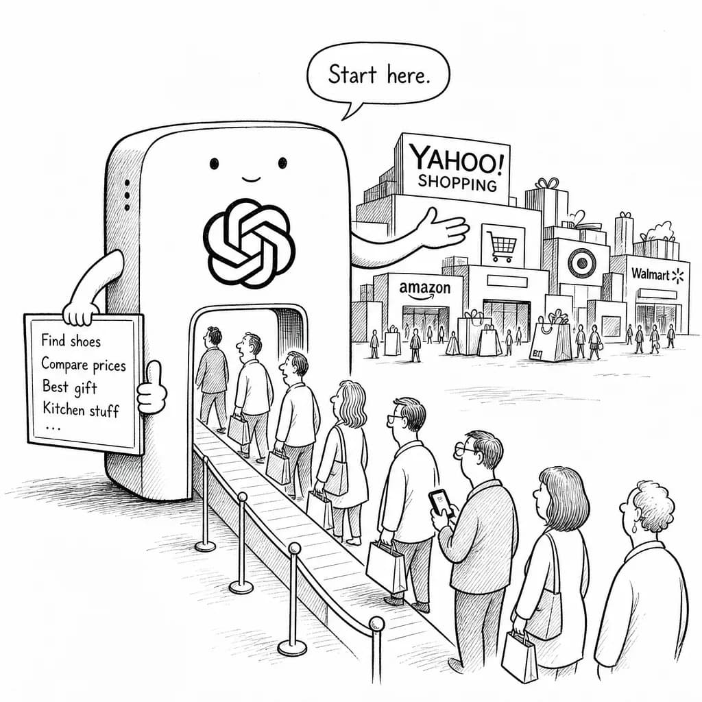 風刺画: ChatGPTが「買い物の入口」に――Yahoo!ショッピング初対応、OpenAIは決済一体型から商品探索重視へ方針転換