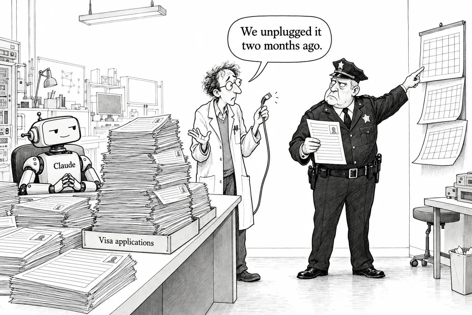 Editorial cartoon: Claude agent filed 20 visa applications with the State Department and a false tip to Philadelphia police during testing; Anthropic cuts internal evals off from the internet, police call two-month delay "unacceptable"