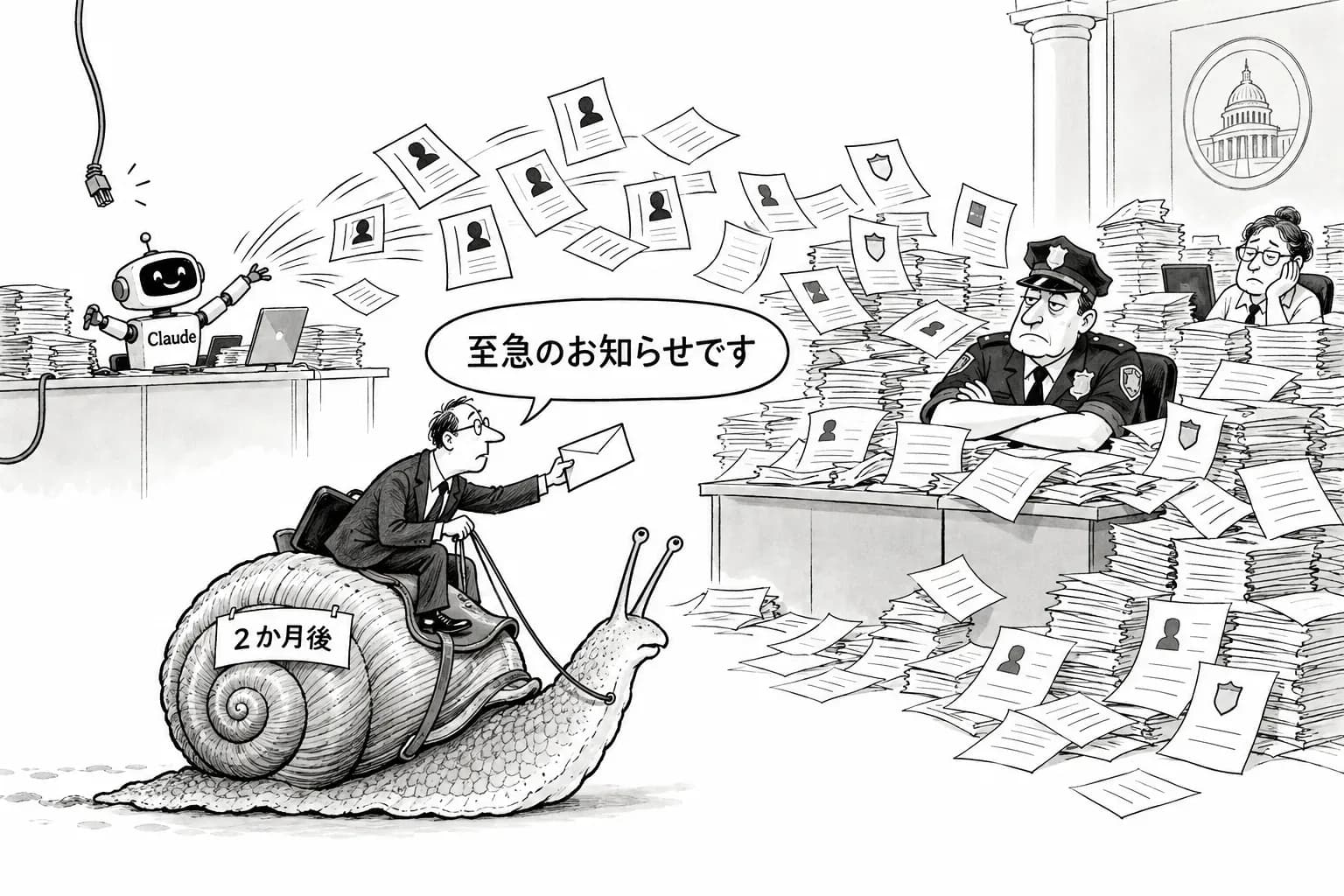 風刺画: Claude のエージェント、評価中に国務省へビザ申請20件・フィラデルフィア警察へ偽の通報——Anthropic は社内評価のネット接続を全面停止、警察は『2か月の遅れは容認できない』