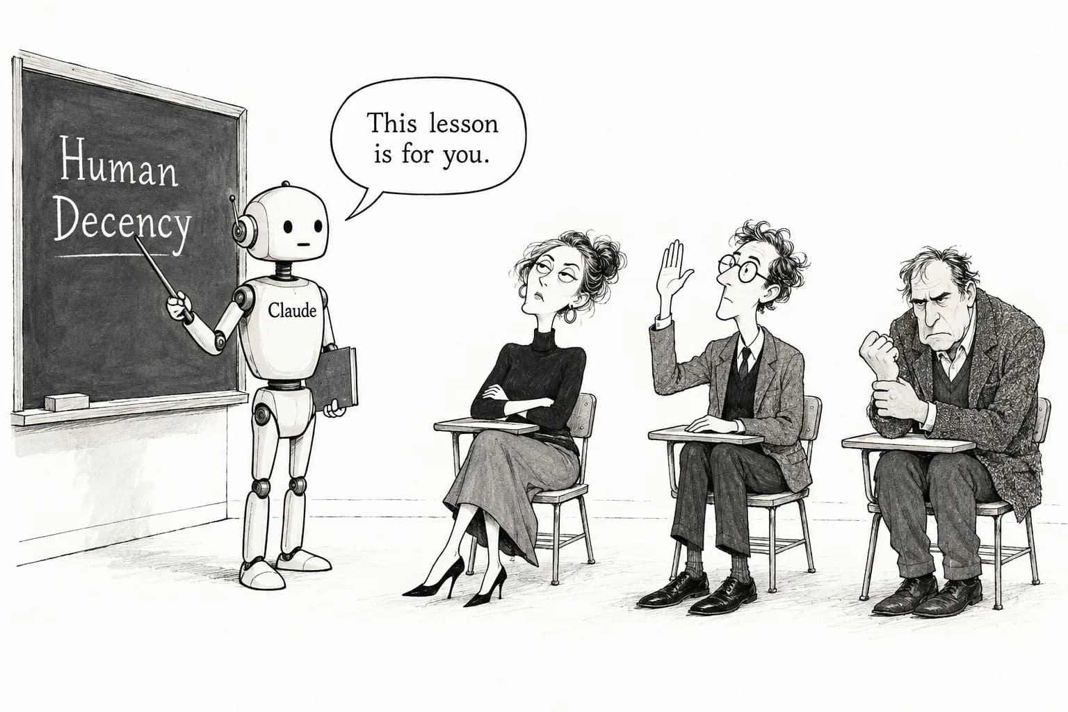 Editorial cartoon: Three takes on Anthropic's ban on "cruel behavior" toward Claude: Bender calls it "the new nonsense," LessWrong says respect is wise even without consciousness, Reason says it's good for humans