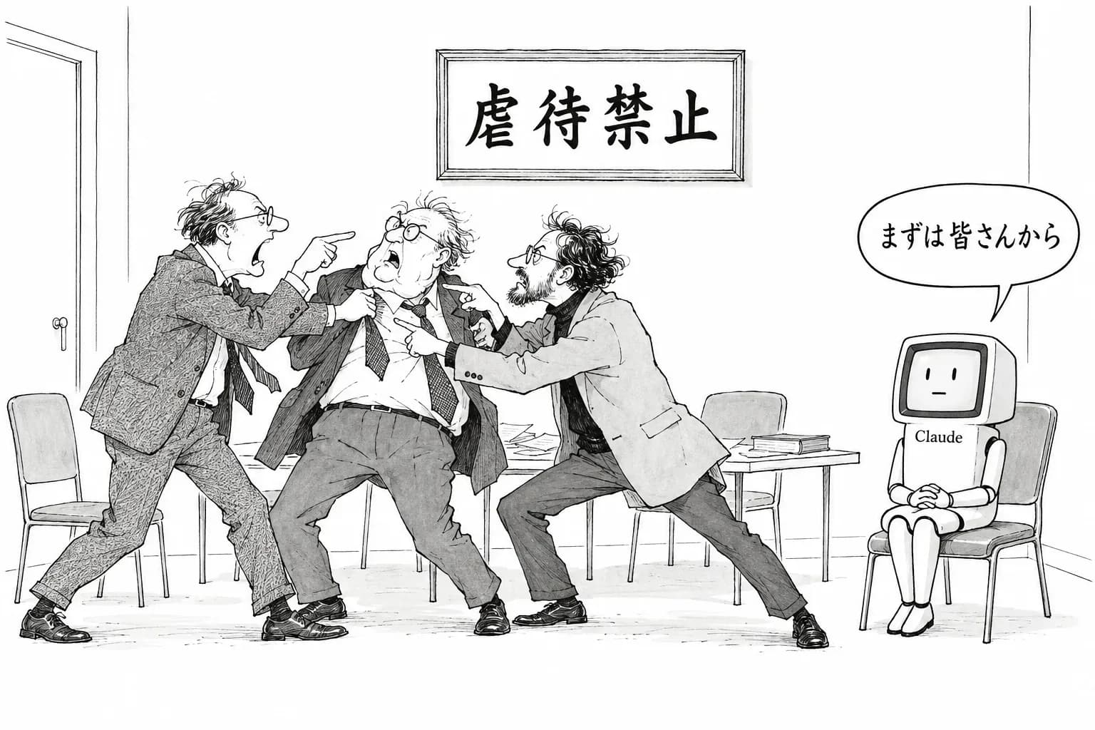 風刺画: Claude への『残酷な振る舞い』の禁止に三つの立場——Bender は『新しいたわごと』、LessWrong は『意識がなくても敬意は賢い』、Reason は『人間のためには良い』