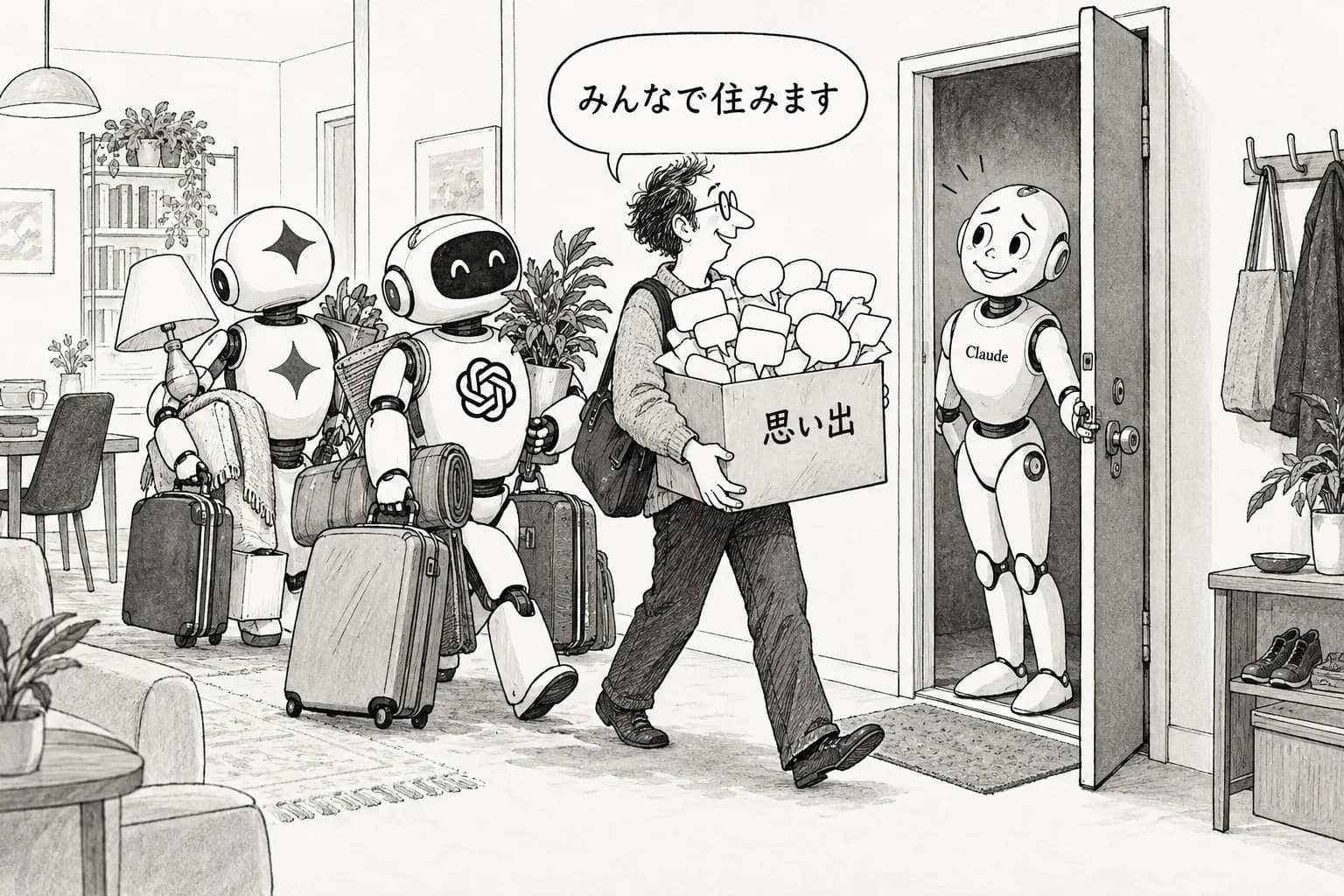 風刺画: Claudeメモリ機能が無料開放、ChatGPT・Geminiからの会話履歴インポートも可能に——Anthropicが乗り換え障壁を引き下げ