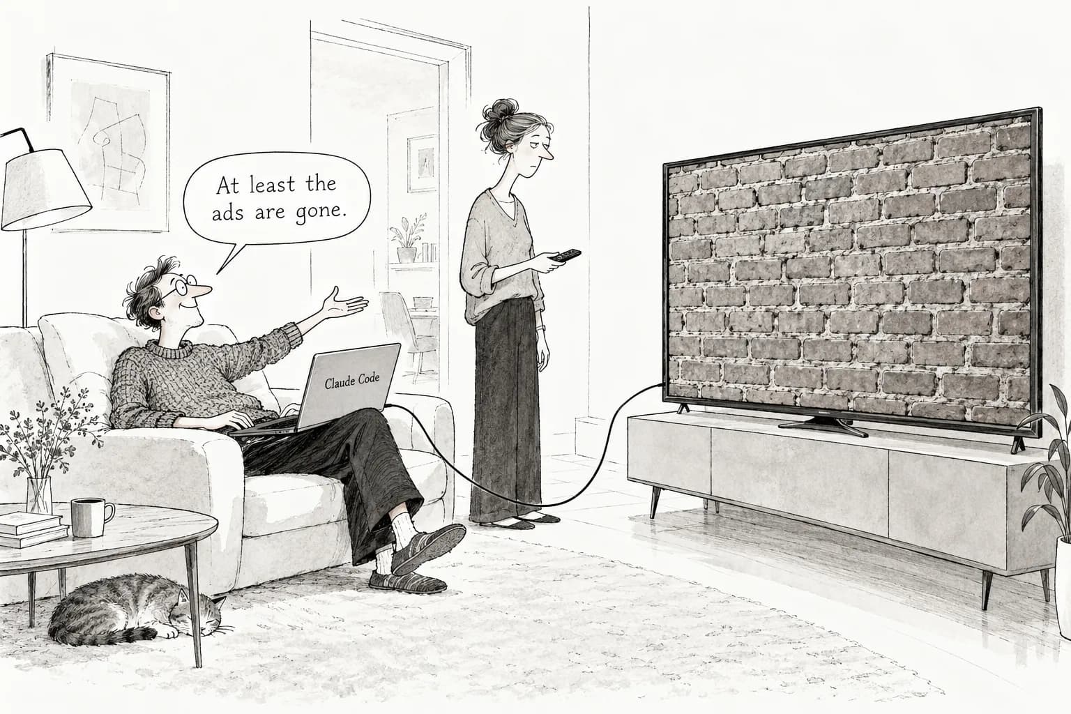 Editorial cartoon: More people are having Claude Code strip ads from their TVs; cleanyourtv hits 11.9K stars in 3.5 days, but some have bricked their sets