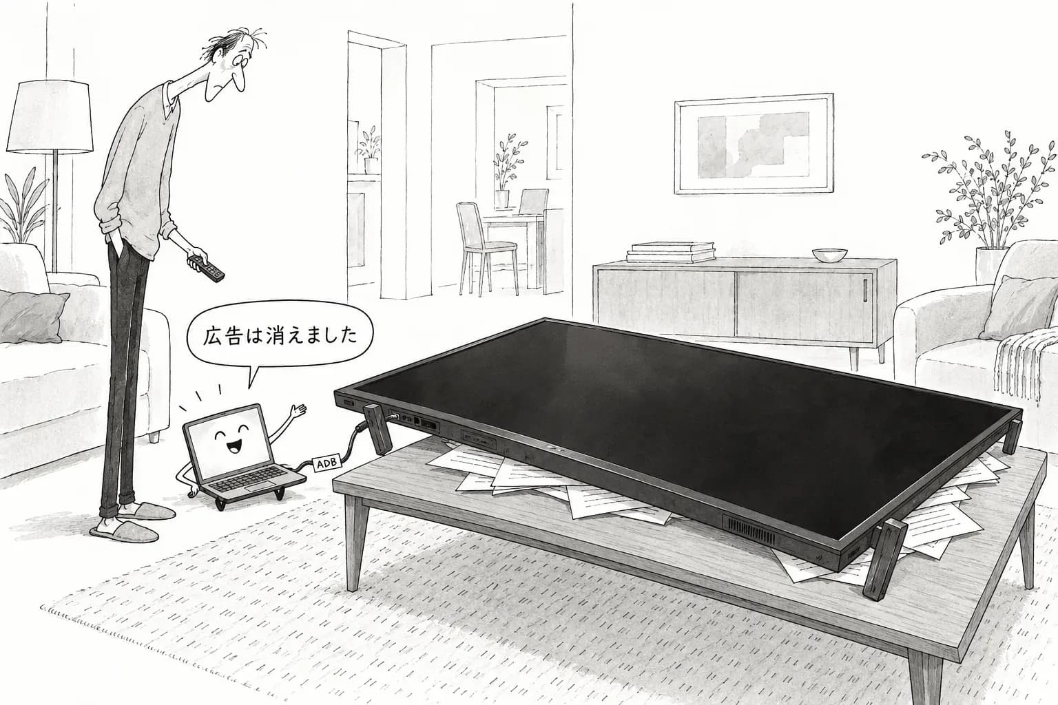 風刺画: Claude Code にテレビの広告を消させる人が急増、cleanyourtv は3日半でスター1.19万。でも文鎮化した人もいる