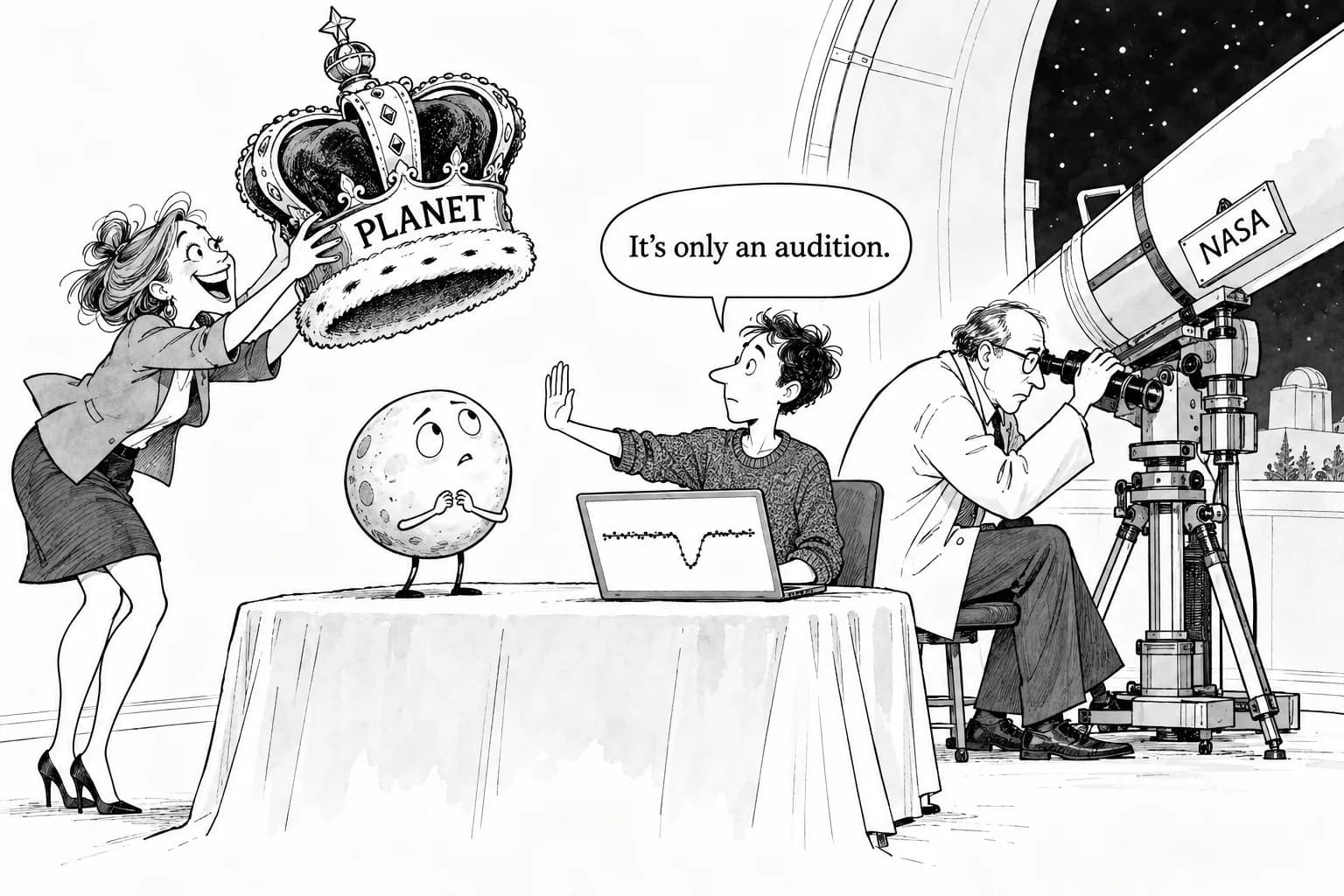 Editorial cartoon: NASA approves follow-up for TIC 4206066, a planet candidate an amateur found with Claude Code — but the finder wrote that it isn't a planet yet