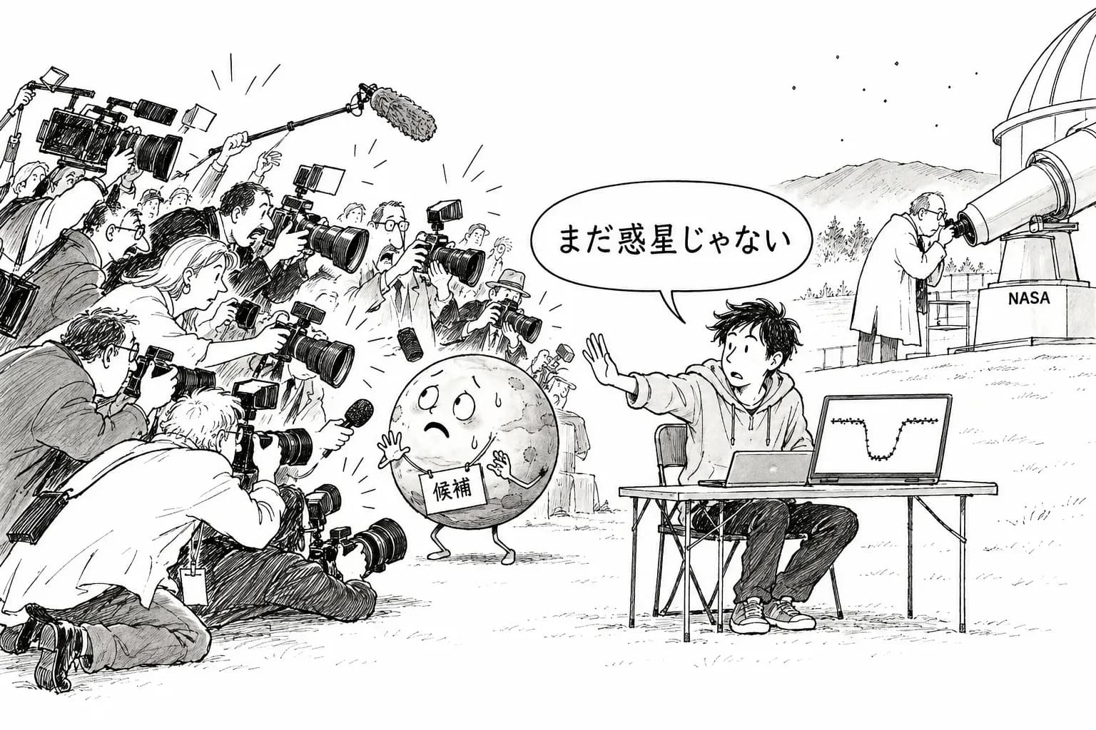 風刺画: Claude Code で素人が見つけた惑星候補 TIC 4206066、NASA が追加観測を承認。でも本人は「まだ惑星じゃない」って書いてた