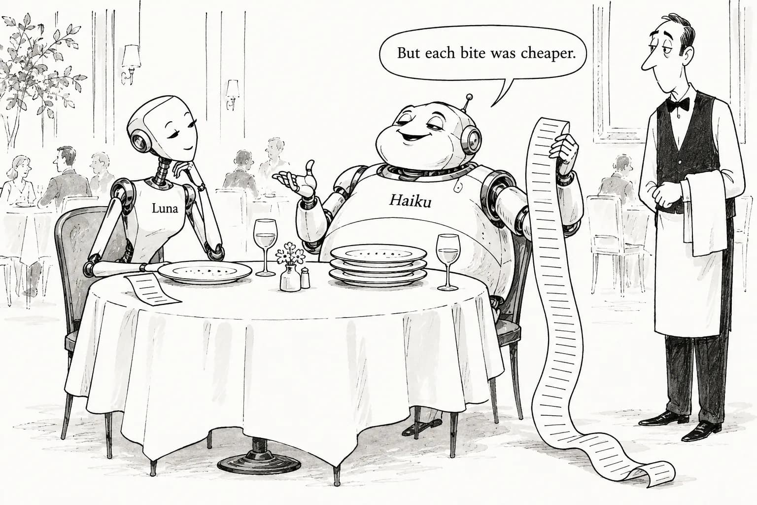Editorial cartoon: Claude Haiku 5.5 confirmed from the primary source: 75% cheaper per token, but it uses 3 times as many tokens as Luna