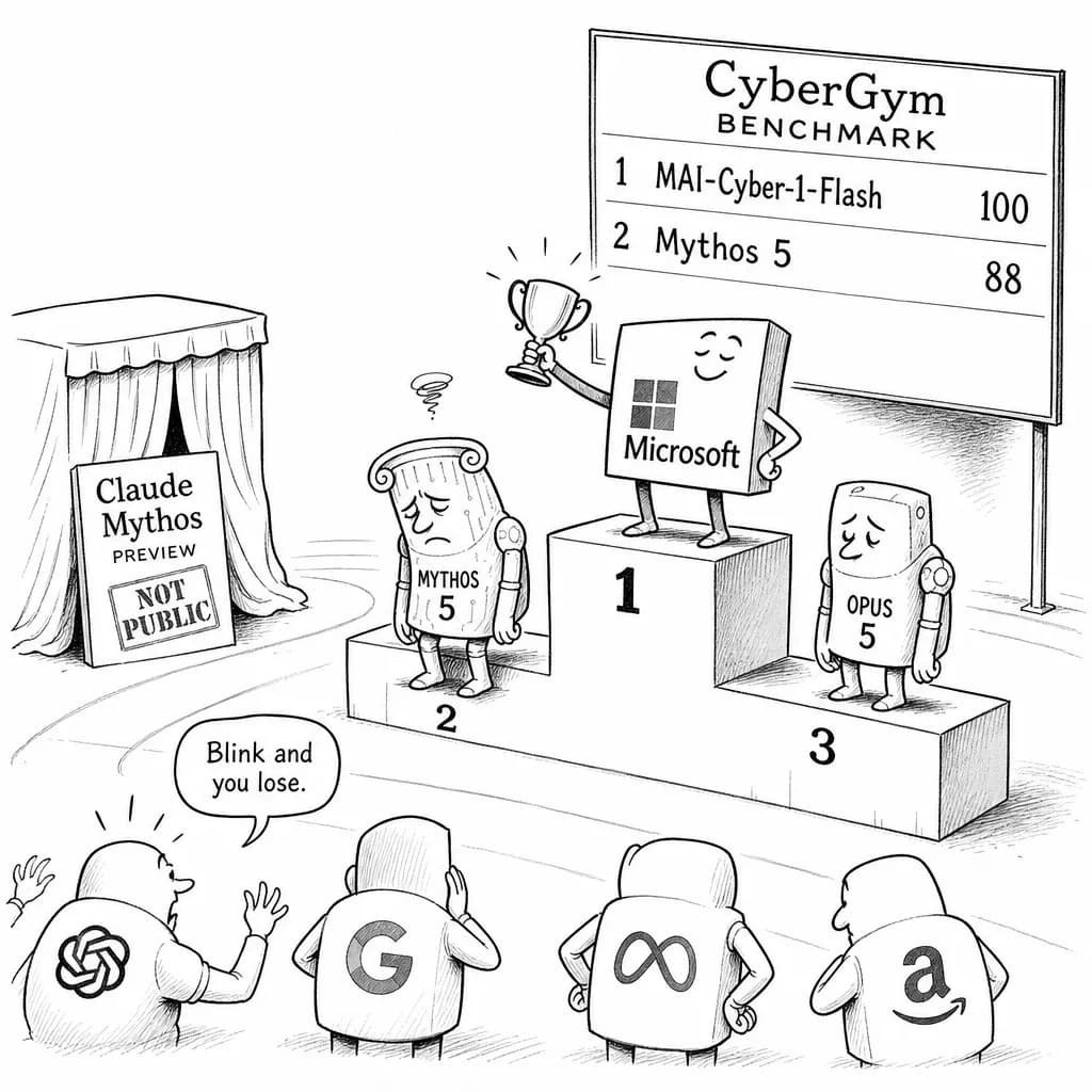 風刺画: Claude Mythos発表から3カ月半でMicrosoftに首位陥落——AI性能競争の激しさ露呈