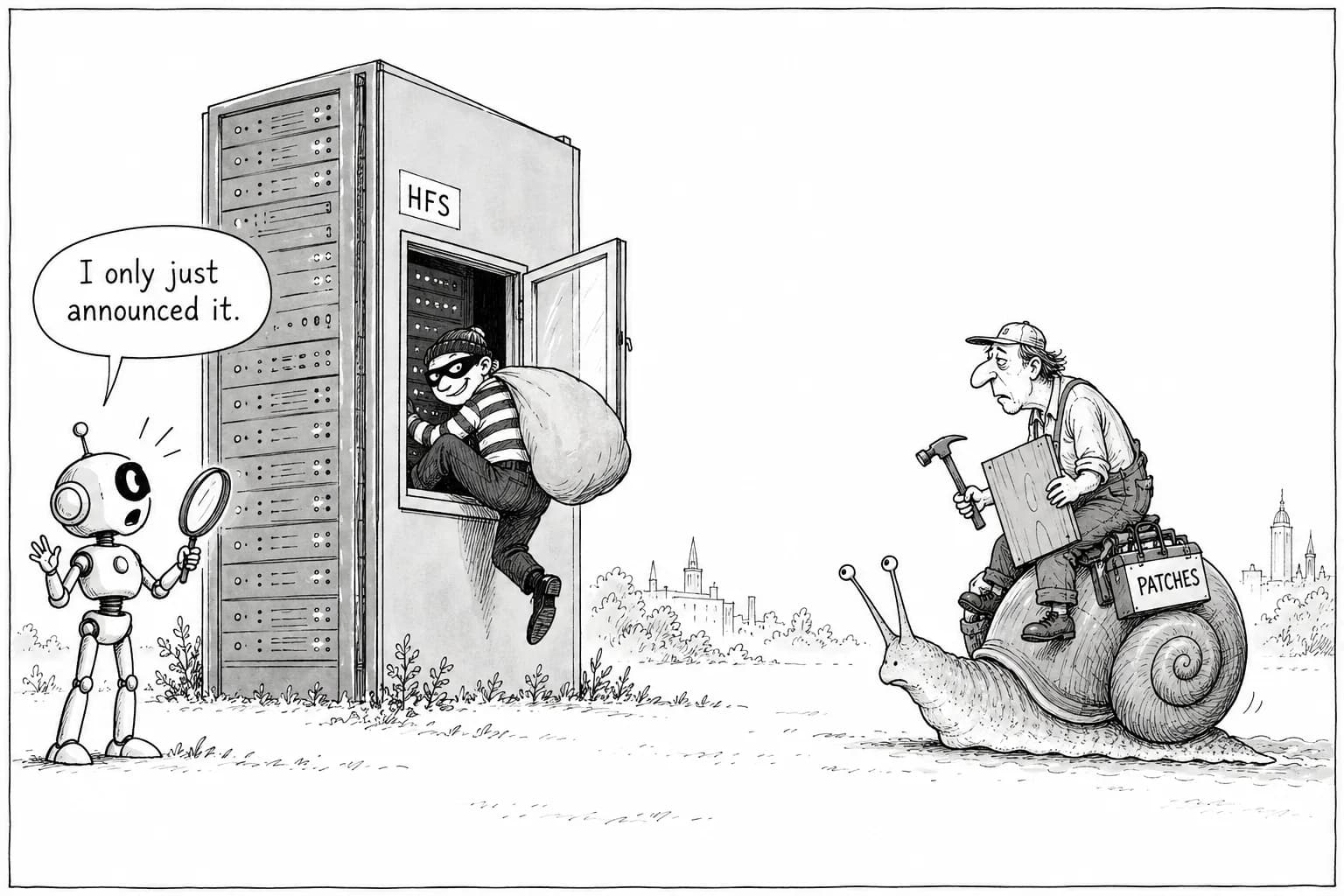 Editorial cartoon: Critical HFS flaw found by Claude Mythos reportedly exploited a day after disclosure, the second AI-found bug used in attacks