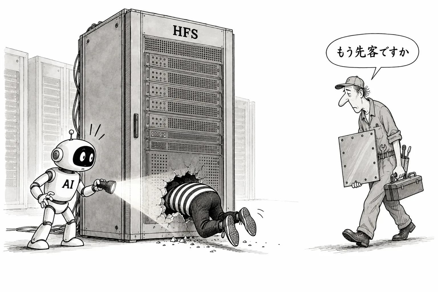風刺画: Claude Mythos が見つけた HFS の重大な欠陥、開示の翌日に悪用されたと報じられる——AI が見つけた欠陥が攻撃に使われた2例目
