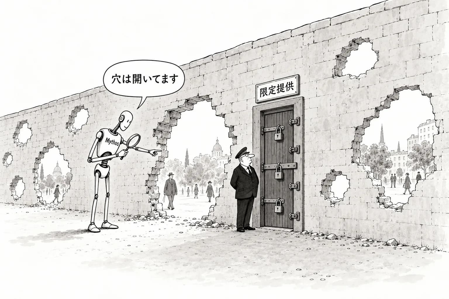風刺画: Claude Mythos、Preview発表から5カ月で「5.1」へ——脆弱性発見72.4%の衝撃と限定提供の攻防