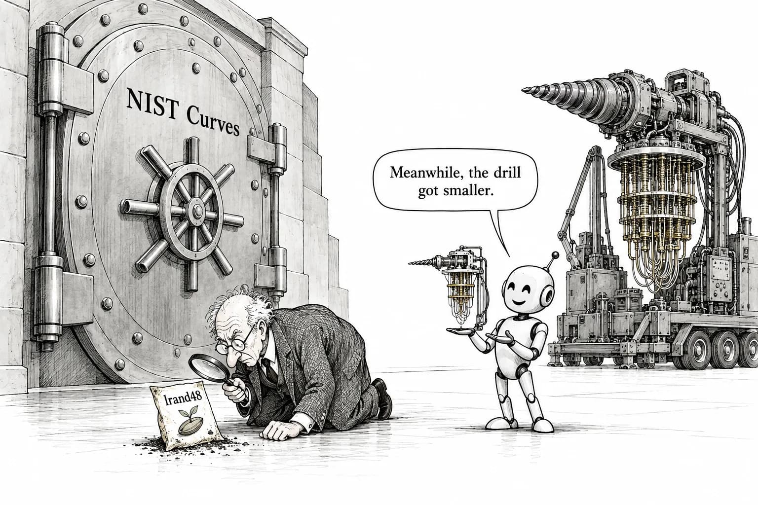Editorial cartoon: Claude traces the origin of NIST's elliptic curve seeds and cuts the gate count of a quantum circuit for breaking elliptic curve cryptography to one-seventeenth