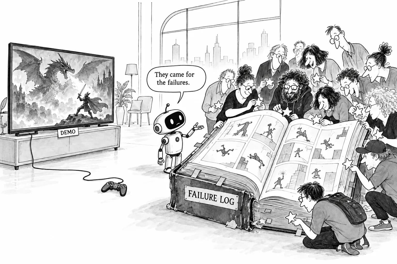 Editorial cartoon: Claude game-modding toolkit universal-modder nears 2,600 stars in four days, driven by a user-written log that includes failures