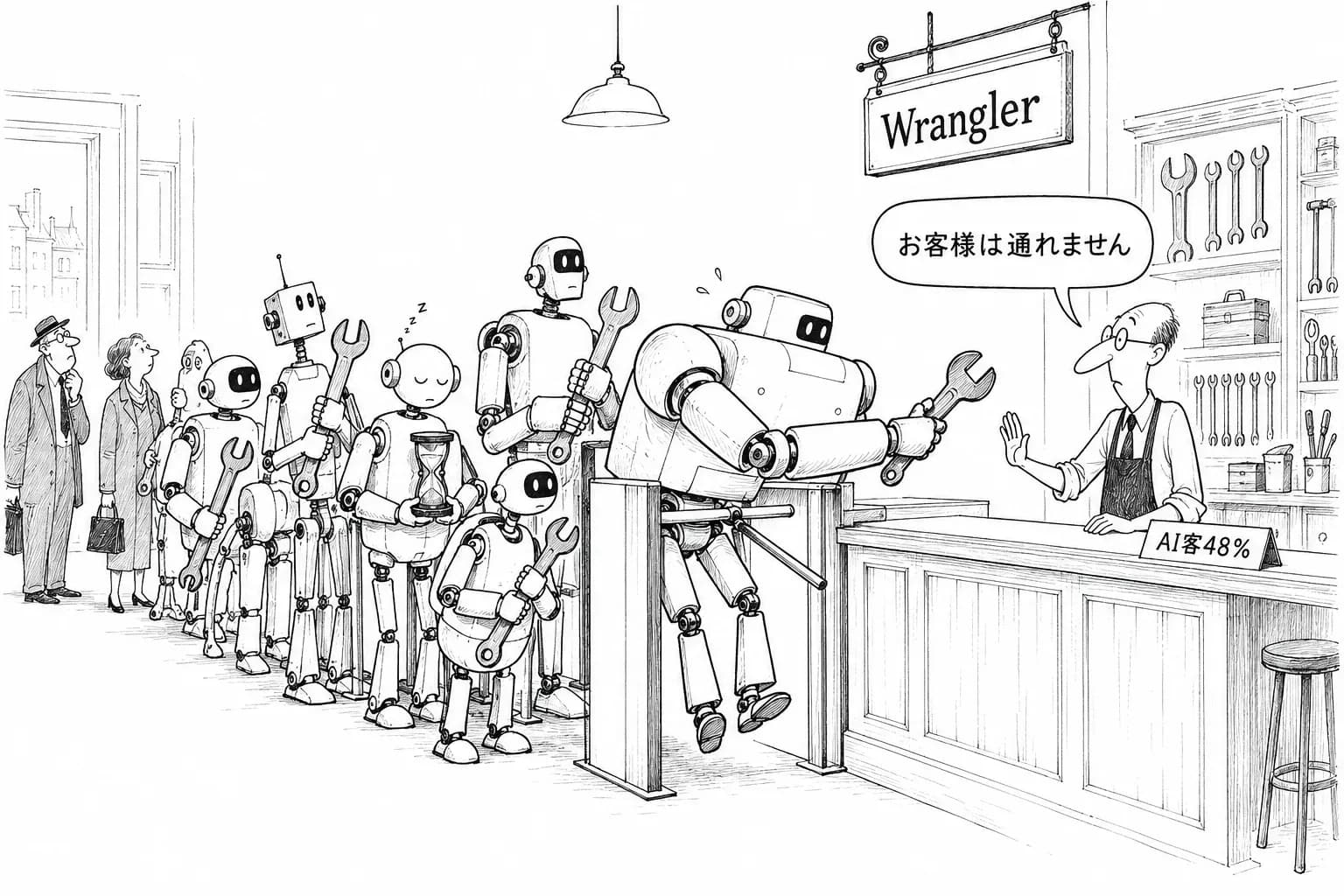 風刺画: Cloudflareのコマンド操作の48%はもうエージェント!道具の「お客さん」がAIになった3日間と、その詰まり