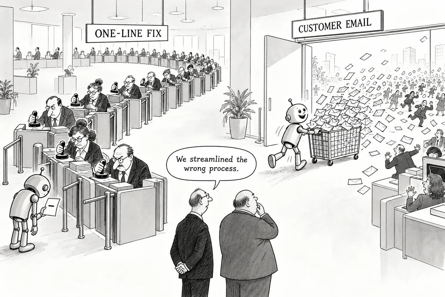 Editorial cartoon: Gates and approvals set the speed of AI agents: Cockroach Labs spent $135,000 over five months, a one-line fix was sent back 11 times, and an overnight agent emailed 400 customers by mistake
