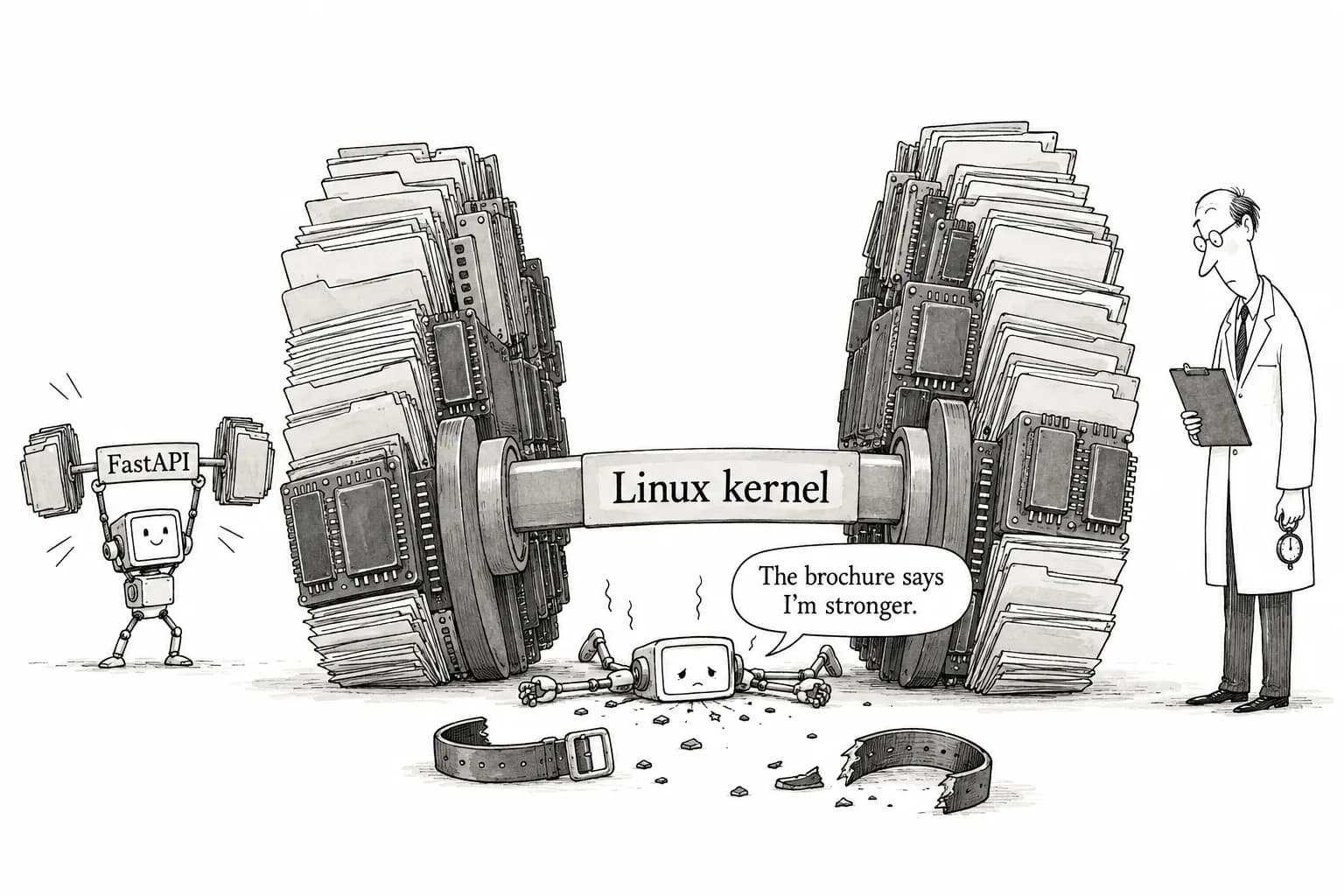 Editorial cartoon: Testing CodeGraph v1.6.1: FastAPI indexed in about 2.5 seconds and edits reflected in under a second, but the Linux kernel ran out of memory twice and the "88% fewer tool calls" claim couldn't be verified