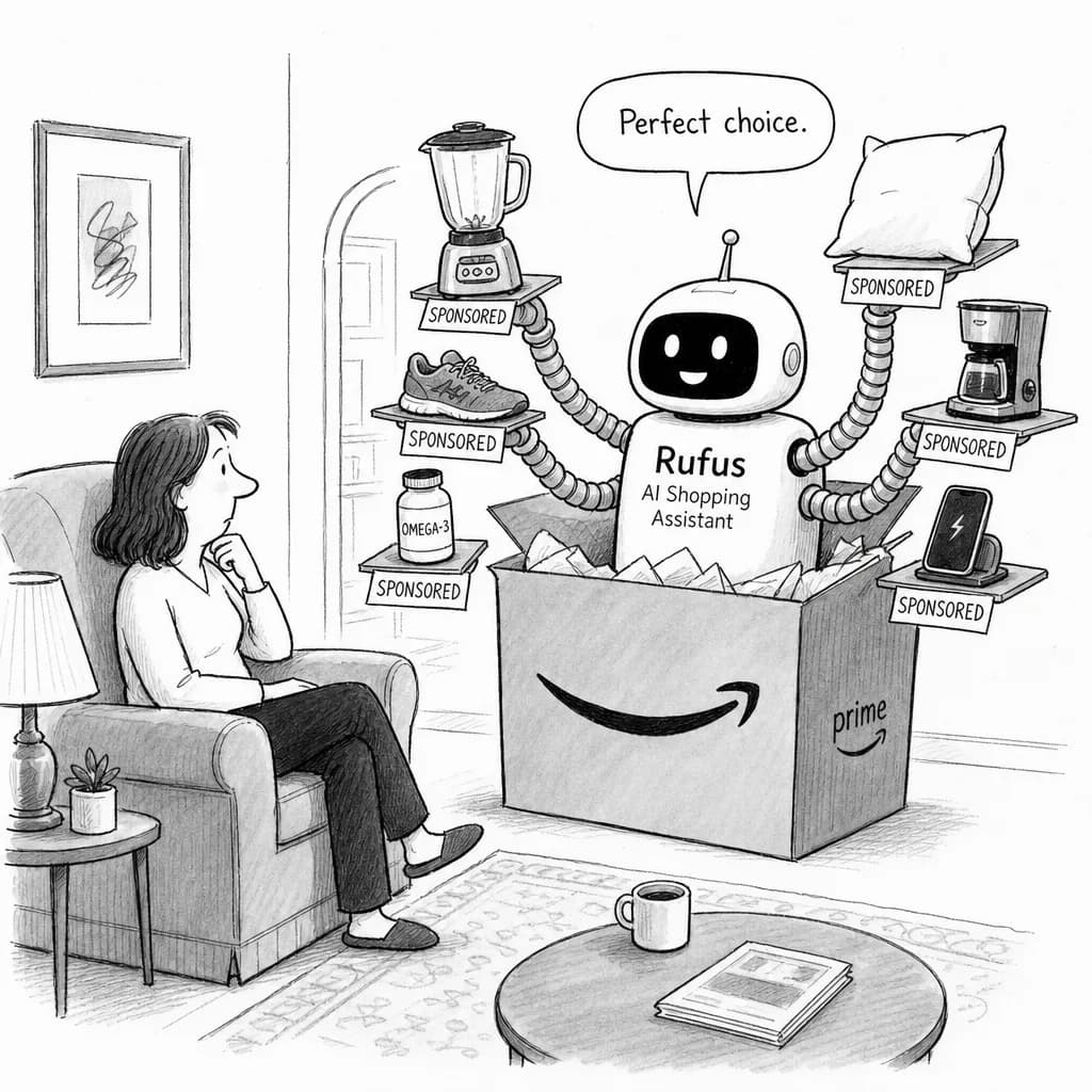 風刺画: Amazonの新しいAIアシスタントRufusがショッピング体験を変革
