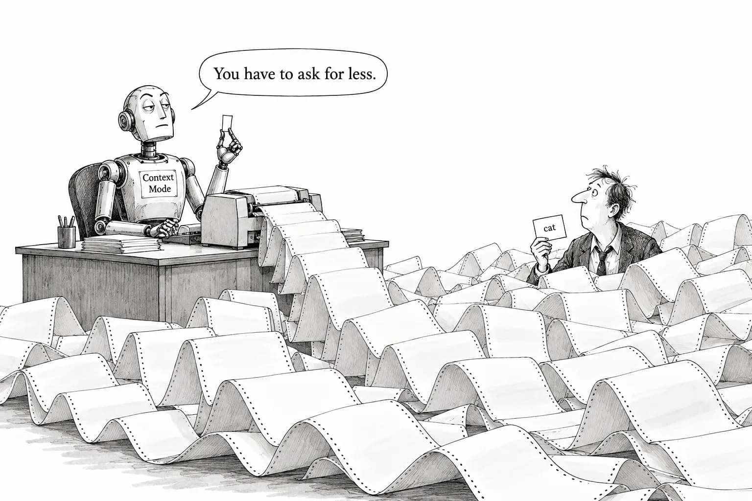 Editorial cartoon: Context Mode nearly reproduces its "299B" and "155B" figures on the author's data, but output only shrinks when the AI passes aggregation code or an intent; a plain cat returned all 77KB