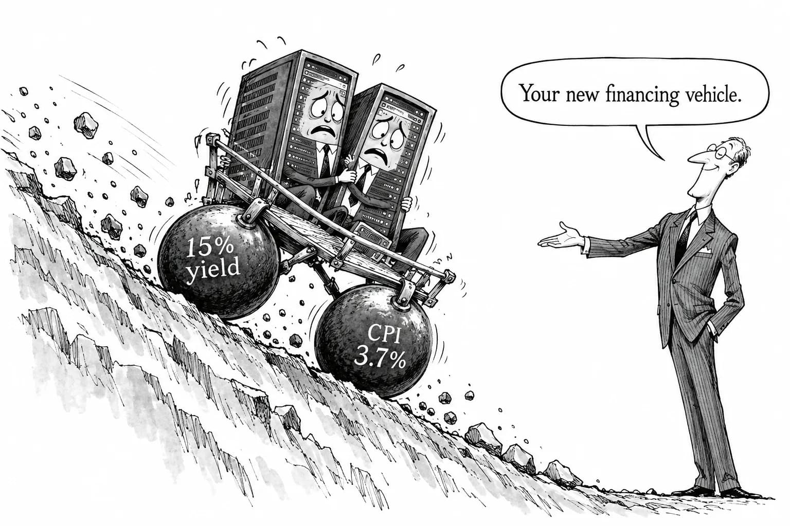 Editorial cartoon: CoreWeave bonds at 15% and CPI at 3.7% collide, and AI borrowers sell off together: CoreWeave −16%, Oracle −10%, Fink says 'new financing vehicles for compute are essential'