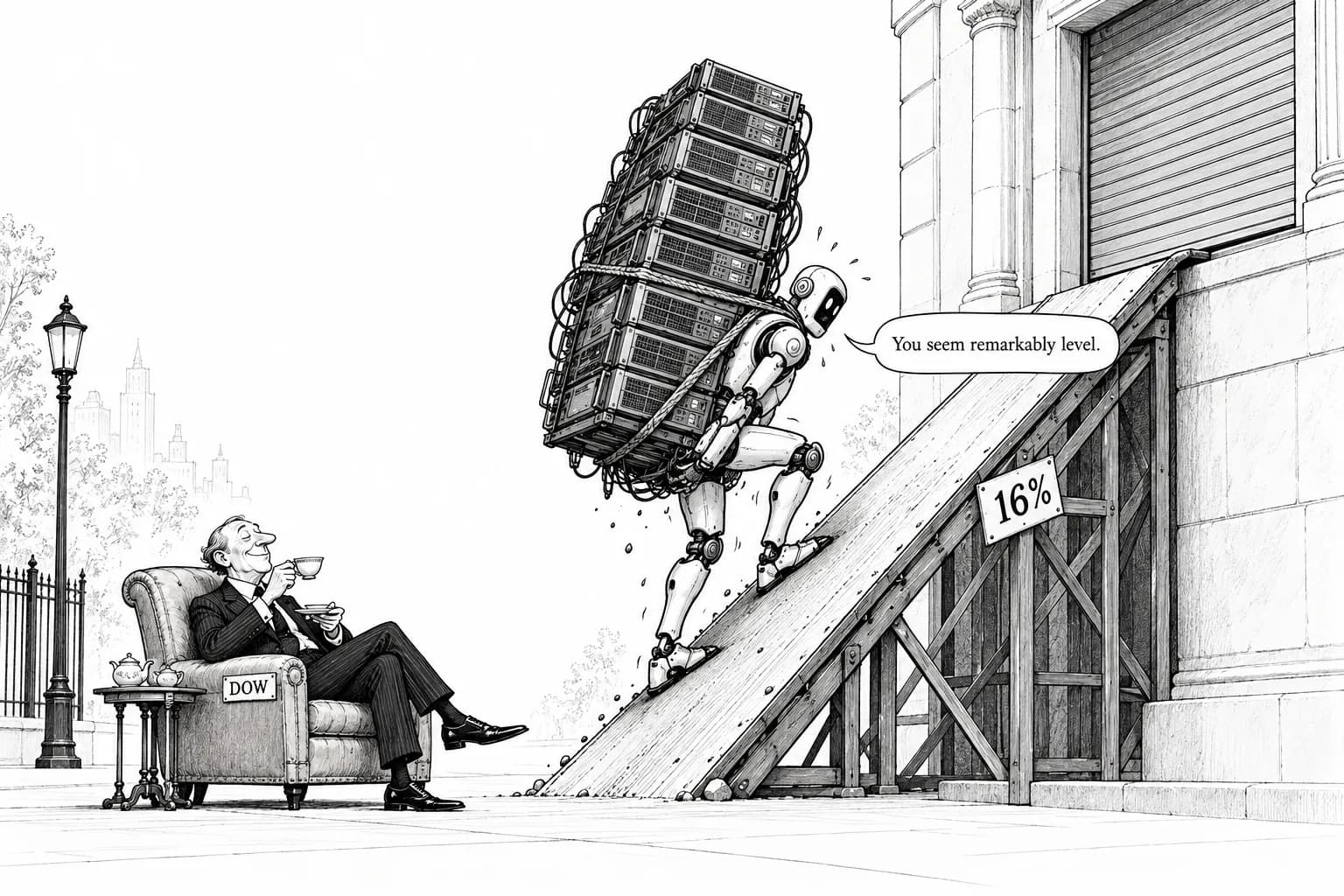 Editorial cartoon: CoreWeave bond yields reportedly climb into the 16% range as AI junk-bond market risks shutting — SOX falls for an 8th straight day while the Dow holds roughly flat in an 'AI-specific' selloff