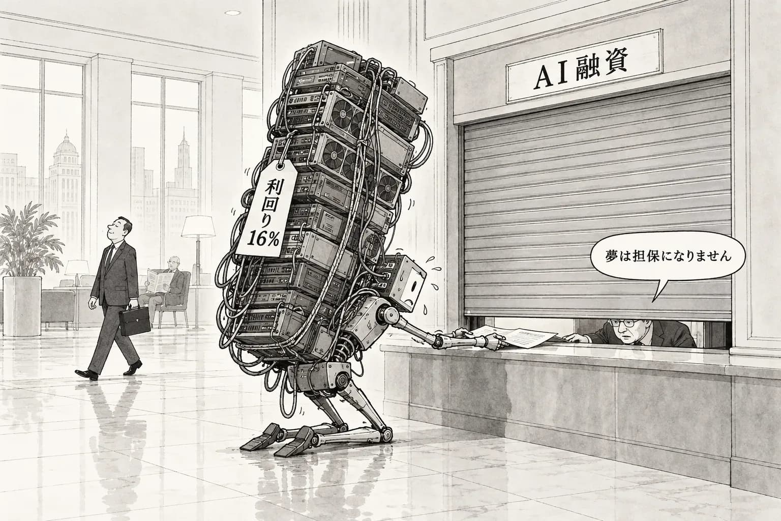 風刺画: CoreWeave債の利回りが16%台に、AIのジャンク債市場が閉じるおそれと報道――SOXは8日続落、ダウはほぼ横ばいの『AIに固有の下げ』