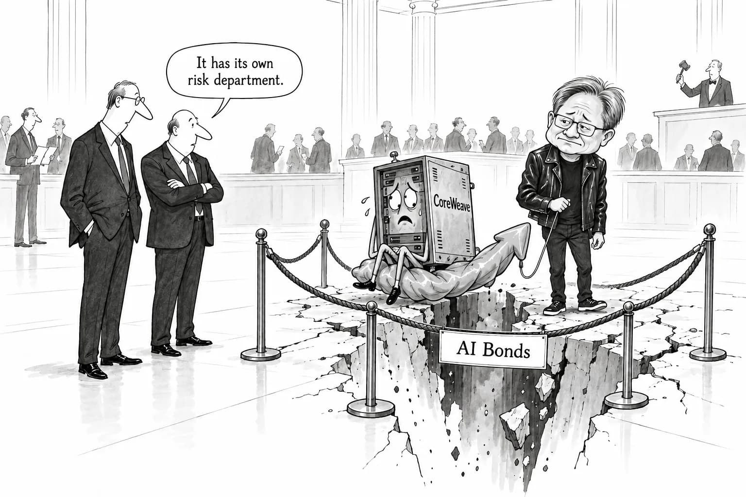 Editorial cartoon: CoreWeave's CDS hits a record high as its shares give back the Huang-driven rebound in a day, and AI credit starts to be priced as a separate risk class