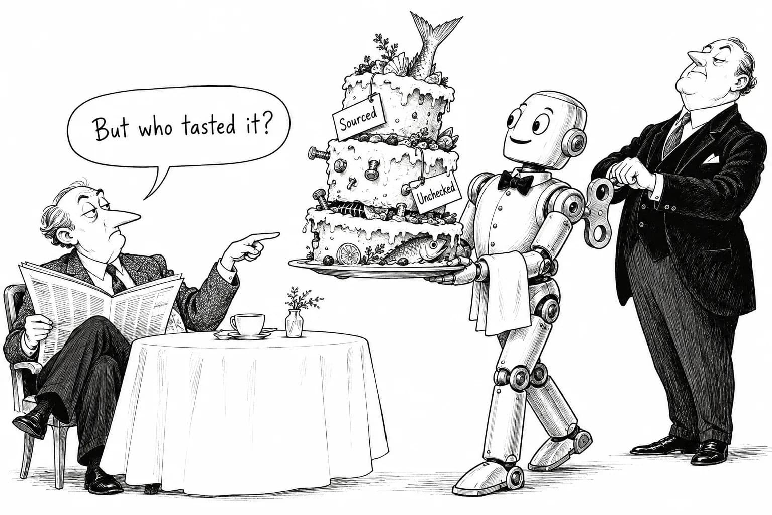 Editorial cartoon: "Journalism is in the claim business, not the truth business": CUNY Tow-Knight's Gina Chua and a colleague publish "The Three-Layer Cake," arguing that trust in an age of AI-assembled answers should rest on sourcing records for each claim, not each article