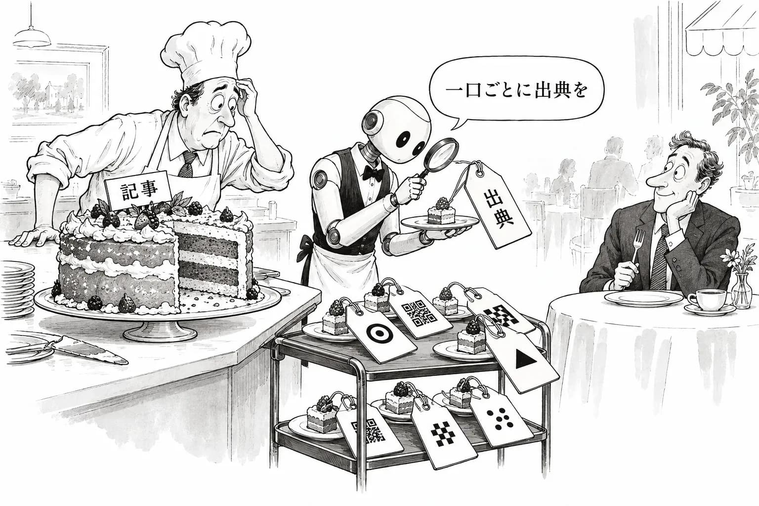 風刺画: 「報道は真実の商売ではなく、主張の商売だ」――CUNY Tow-Knight の Gina Chua らが報告書『三層のケーキ』を公表、AI が答えを組み立てる時代の信頼は「記事」でなく「主張」単位の出典記録で支えると提言