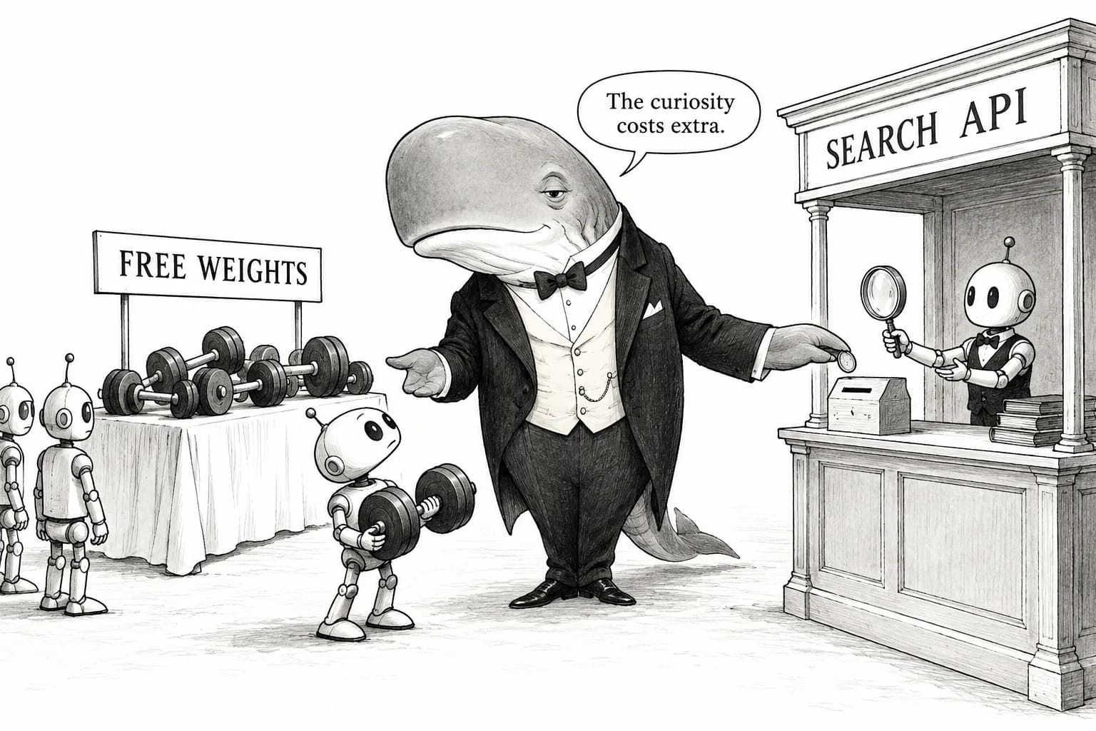 Editorial cartoon: DeepSeek releases V4.1-Flash-1017 weights under MIT license and opens its own Search API — self-reported Terminal-Bench gain from 31 to 42, no third-party evaluation yet