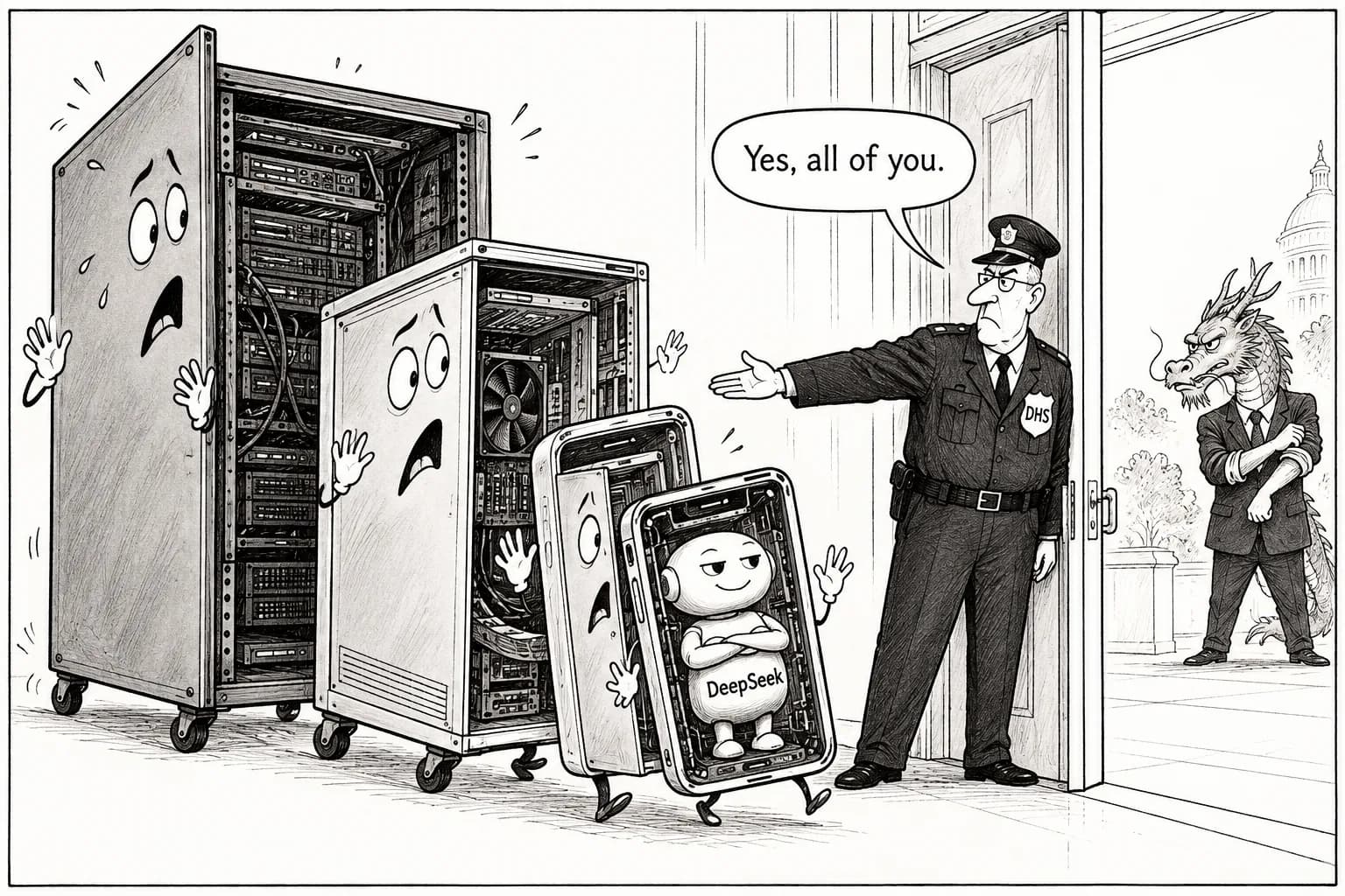 Editorial cartoon: DHS's DeepSeek exclusion order appears in the Federal Register, extending to other companies' products that embed it; China's commerce ministry warns of "all necessary measures"