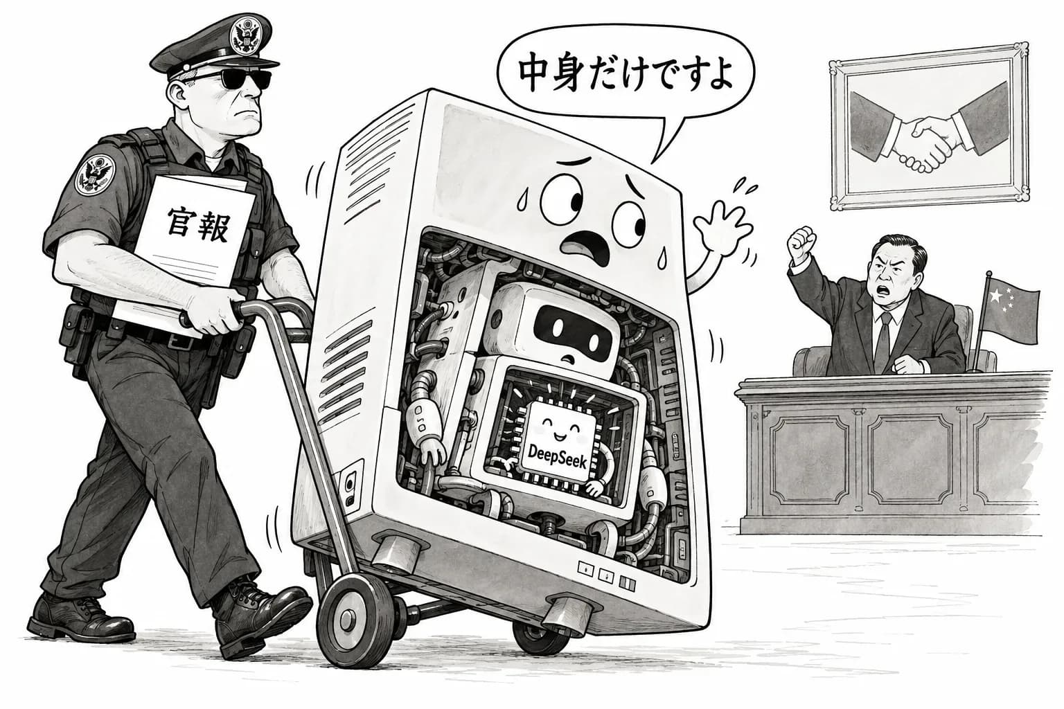 風刺画: DHS の DeepSeek 排除が官報に――組み込んだ他社の製品も撤去の対象に。中国の商務部は『必要なあらゆる措置』と警告