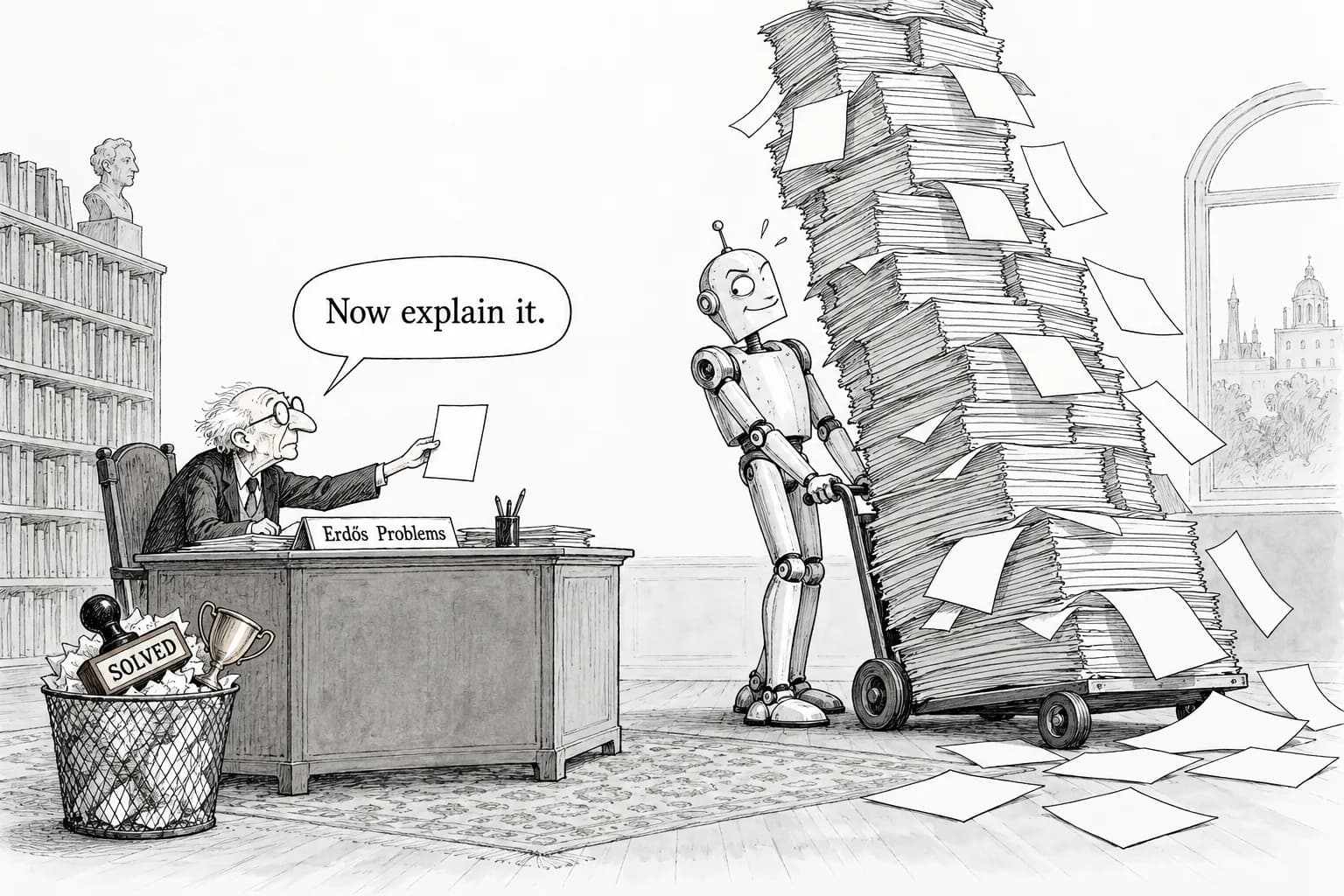 Editorial cartoon: Erdős problems site drops 'solved' labels and solve counts as unexplained AI proofs pour in, shifting weight to human-readable write-ups and Lean proofs